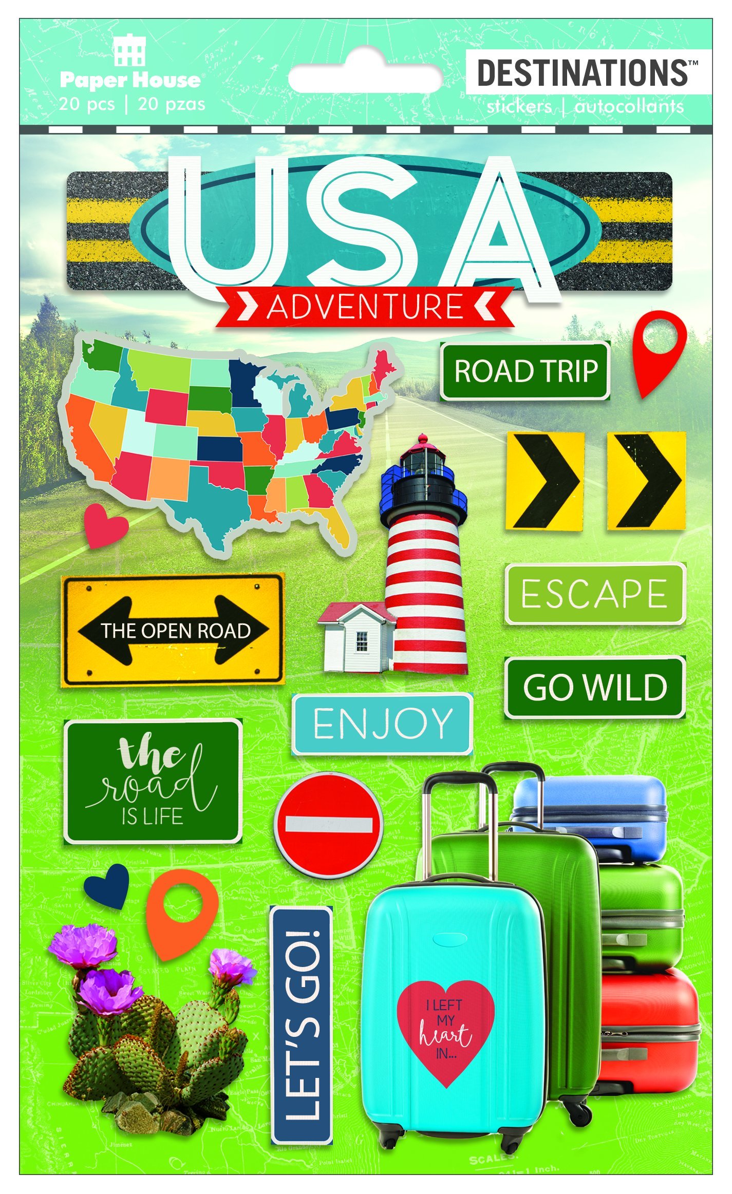 Stickers USA 2D Paper House - Lot de 3 planches thématiques voyage pour scrapbooking