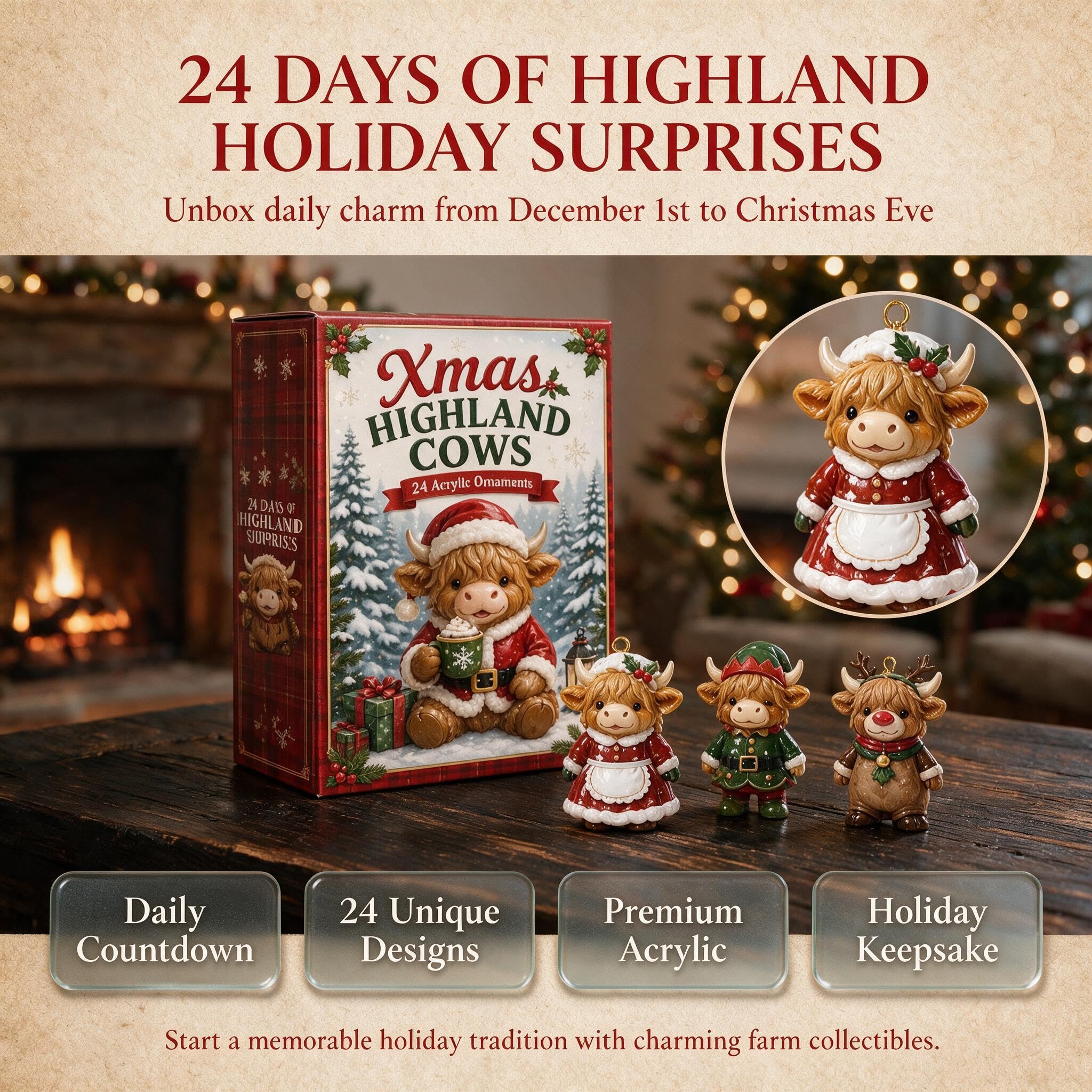 HTU Calendario de Adviento Mágico Highland Cow 3D (24 días)-2PCS