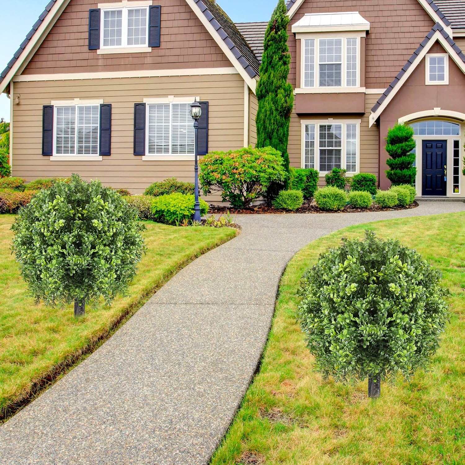 2 Pcs Artificial Boxwood Topiary Ball Bush 26 Tree UV Resistant with Spike Easy to Push in The Ground Fake Boxwood Plants Faux Greenery Shrubs for Indoor Outdoor Home Garden (Dark Green)