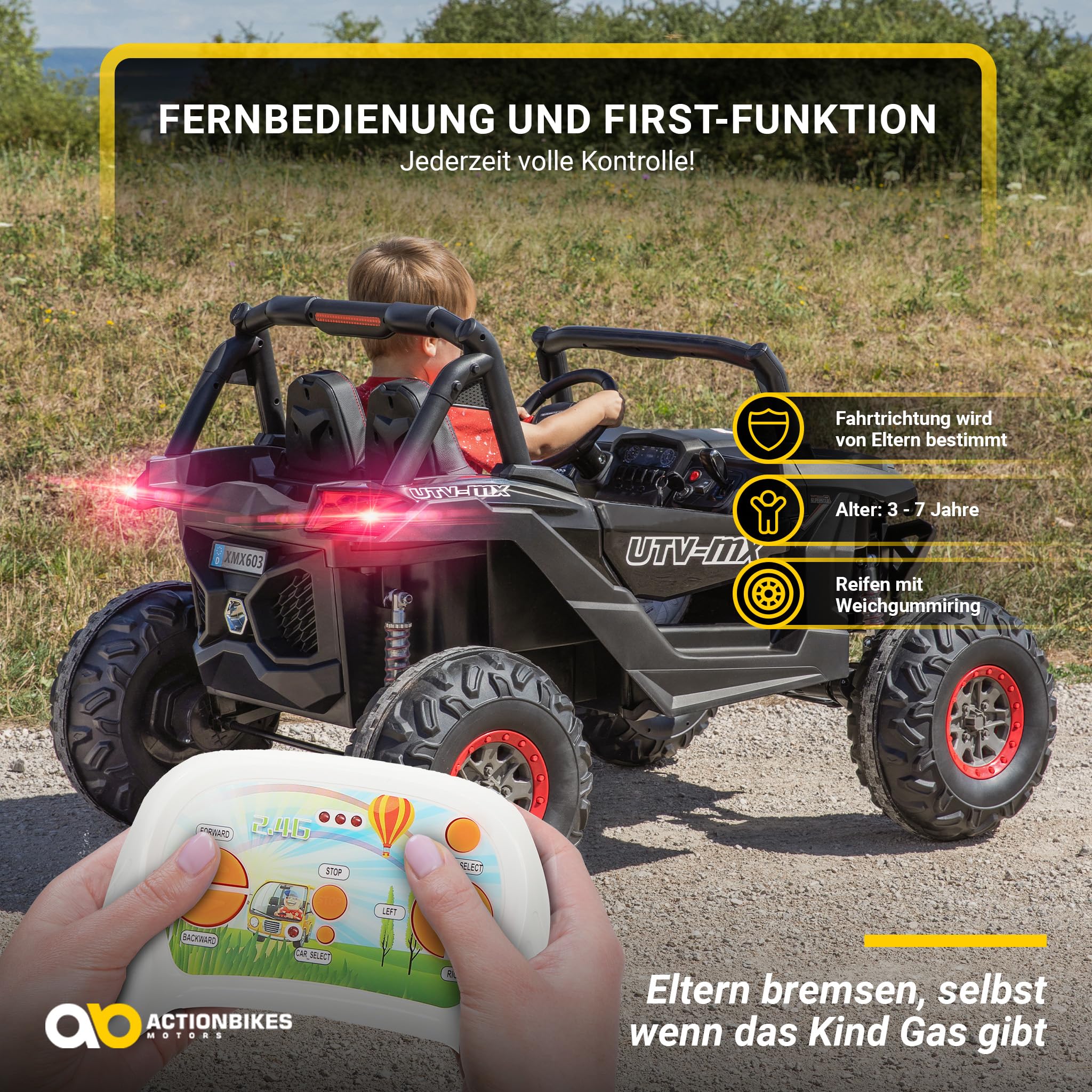 Actionbikes Motors Kinder Elektroauto UTV Buggy | Fernbedienung mit First Funktion - 4x4 Allrad Antrieb - Kinderauto elektrisch - Elektrofahrzeuge - Elektro Auto für Kinder ab 3 Jahre (Schwarz/Weiß)