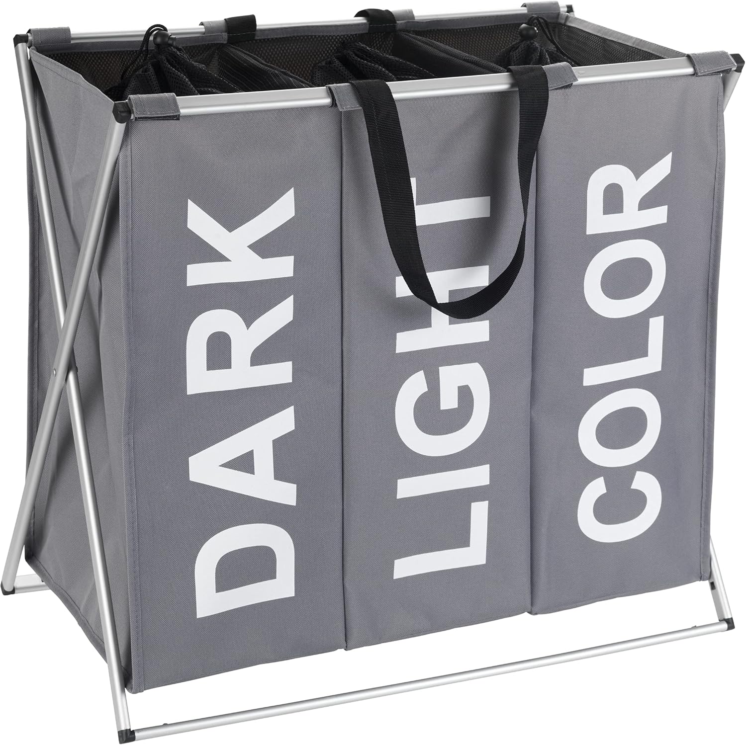 WENKO Trio Top Modern Sorter with 3 Sections (Dark, Light, Color), Basket with Stable Aluminum Frame and Handle, Waterproof Bags, Laundry Lid, Clothes Hamper Organizer, 24.8 x 22.4 x 15.0 inch, Grey