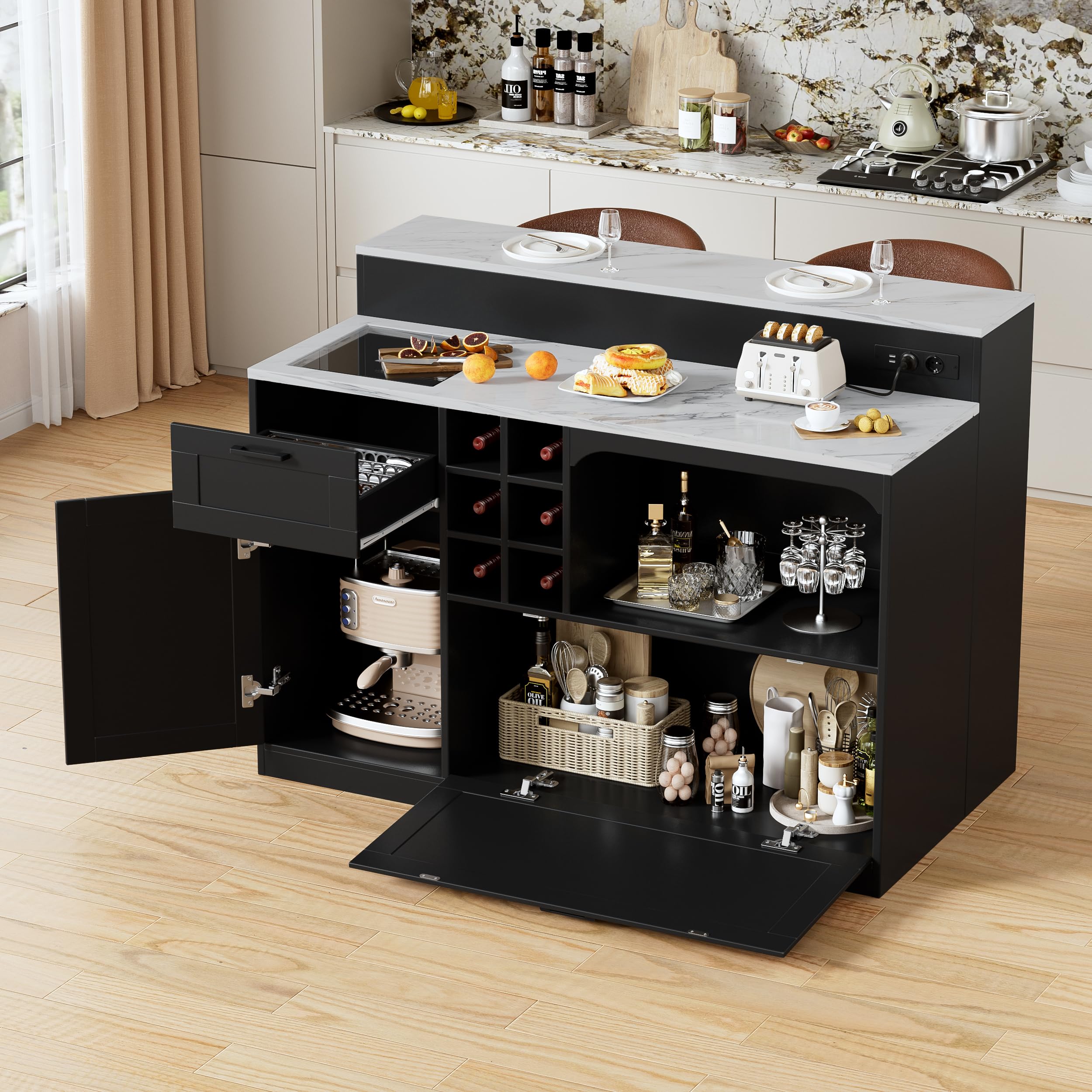 Îlot de Cuisine avec Plan de Travail et EU Prise, 2 en 1 Meuble de Rangement avec Tiroir, Placard, étagère ouverte et 6 Casier À Vin, Îlot Central Cuisine en Bois, Moderne Buffet Cuisine Rangement