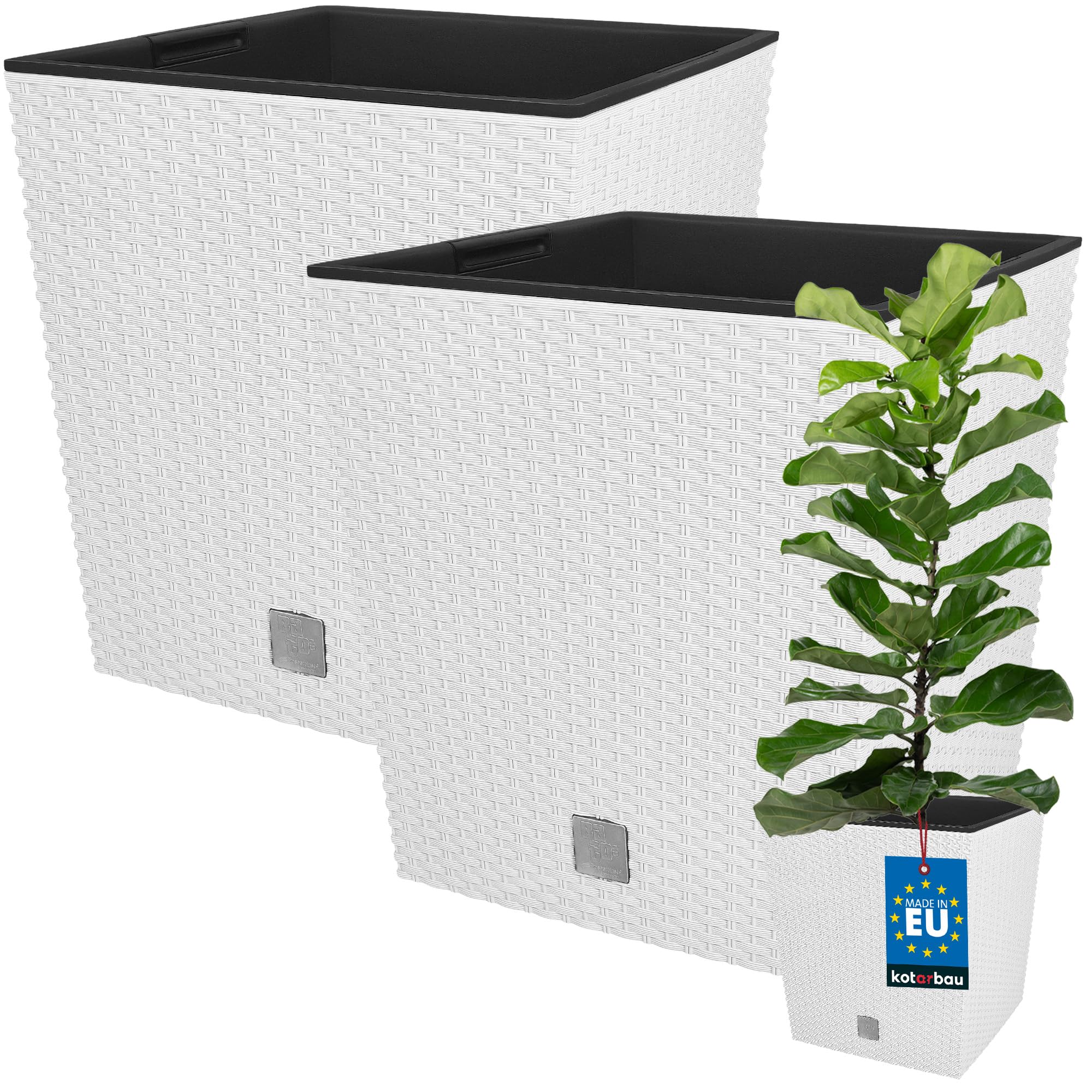 KOTARBAU® Set of 2 Flower Pots 32 L Height 32 cm White Plastic Plant Pot Planter with Inner Pot Flower Pot Set Like Rattan Plant Pot Indoor Outdoor