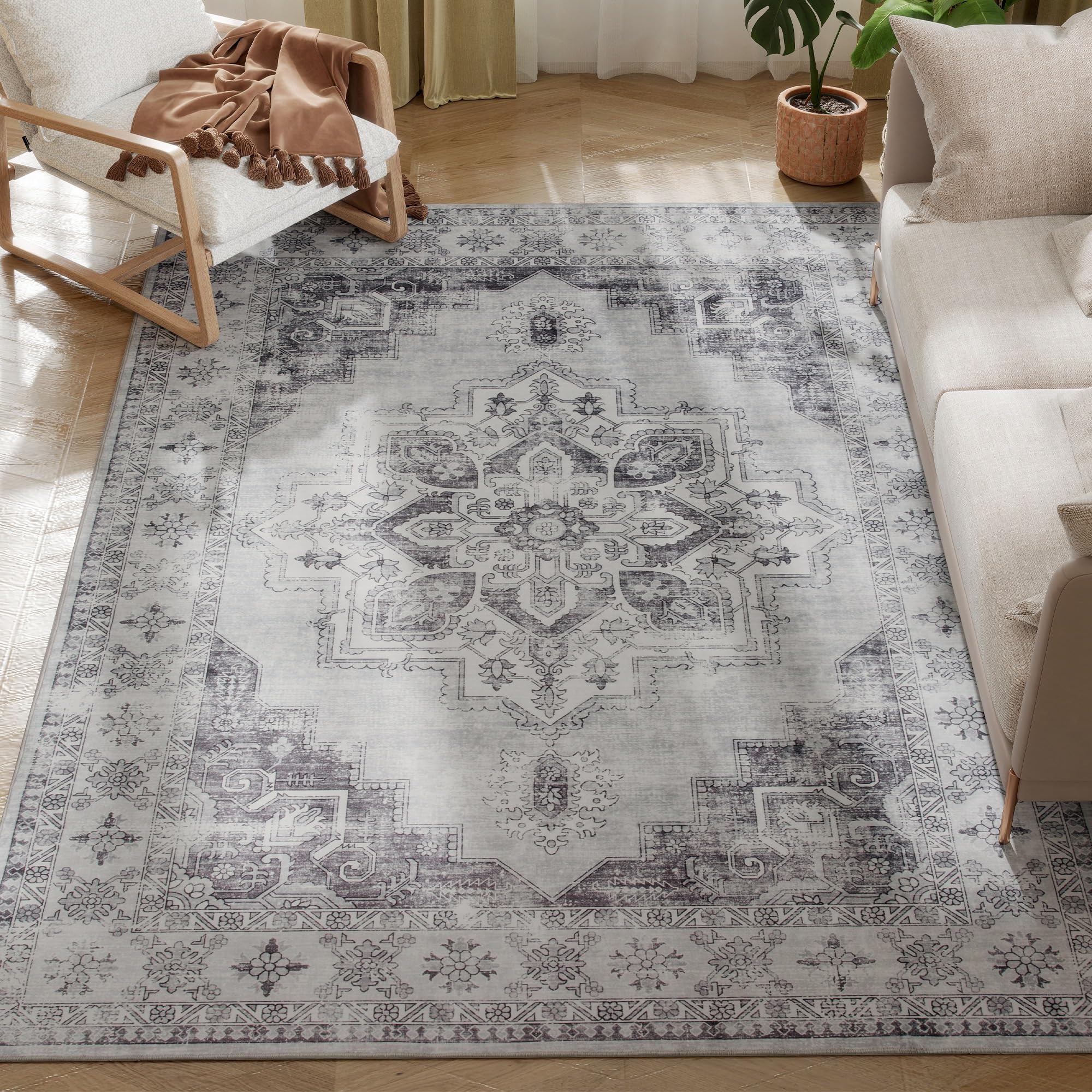 HOMCOM Vintage Area Rug, Non-Slip Washable Rug, Flannel Floor Carpet for Living Room, Bedroom, Dining Room, Home Office, 230 x 160 cm, Grey