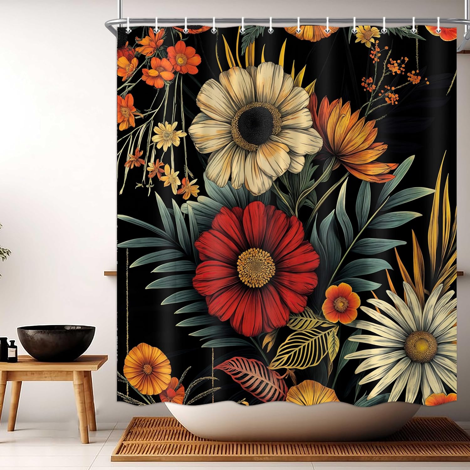 71X84 in Boho Floral Shower Curtain Natural Fun Morden Botanical Tropical Bathroom Decor, Farmhouse Abstract Waterproof Black Flower Print, Vintage Aesthetic Fabric Cloth Bohemian Bath Curtain Set