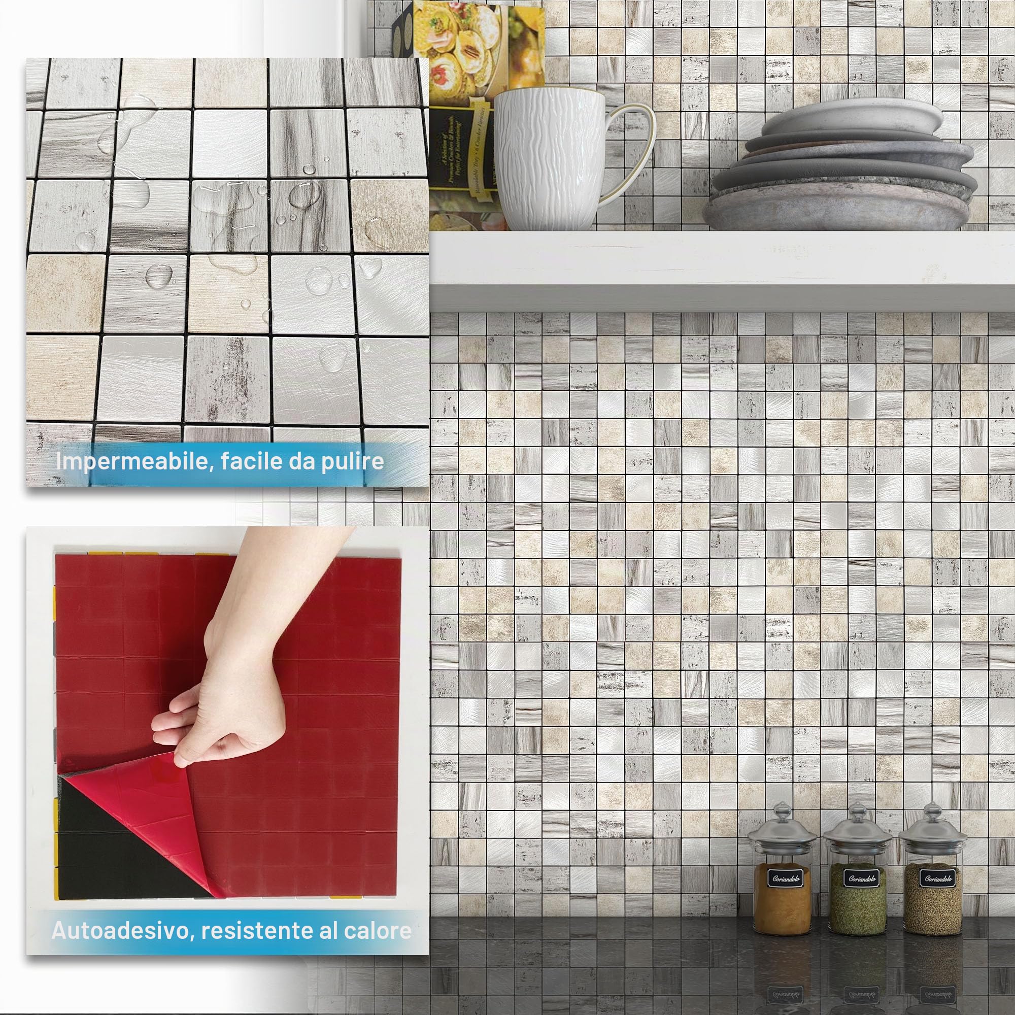 BeNice Piastrelle a Mosaico Autoadesive Cucina Grigio 10pezzi