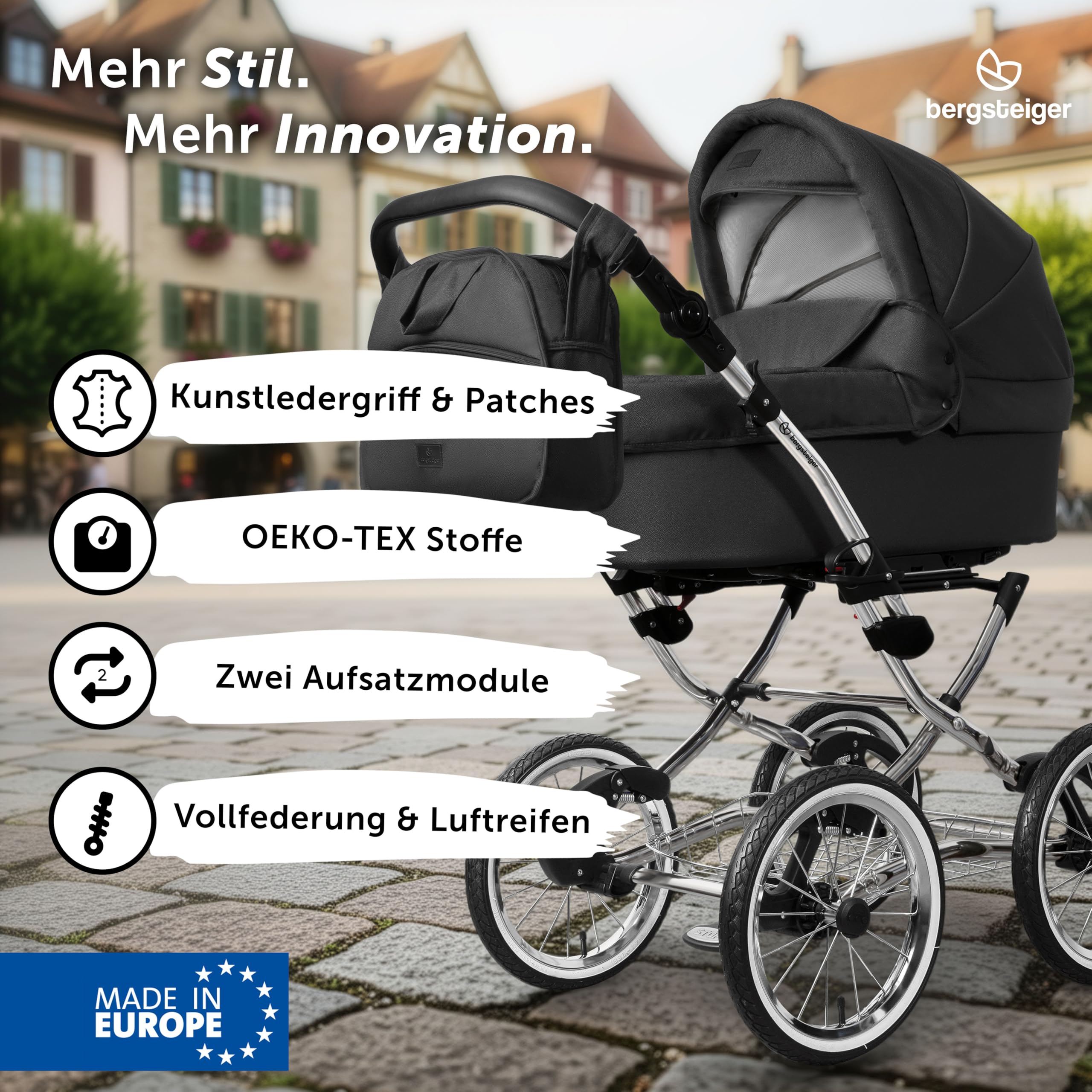 Bergsteiger Venedig Nostalgie Kombikinderwagen 2-in-1 Babywanne | Komfortabler Buggy ab Geburt bis 22 kg mit 14 Zoll Luftreifen Rahmenfederung verstellbarem Griff und Wickeltasche