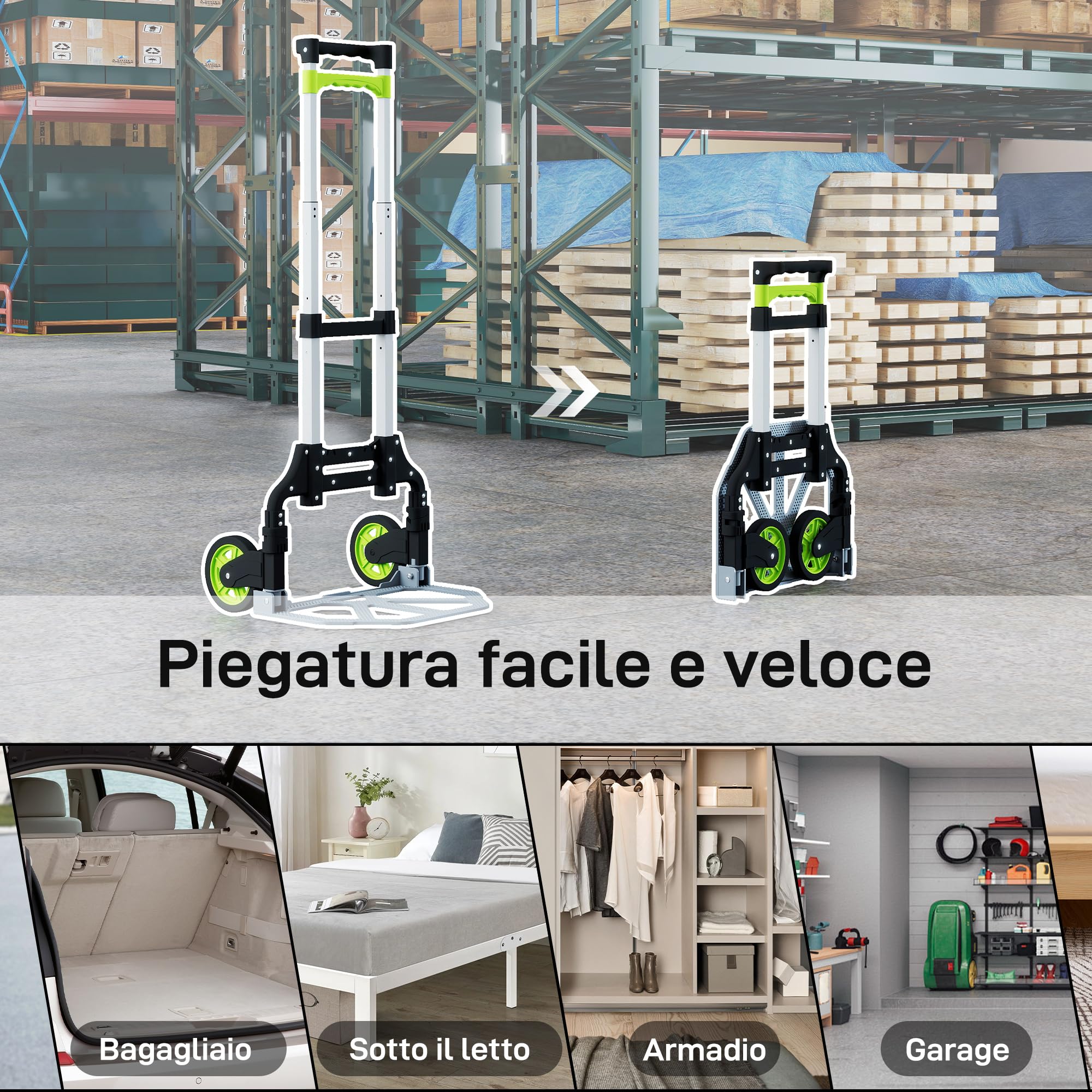 HOMCOM Carrello Portapacchi Pieghevole 70 kg Maniglia Telescopica Argento | Carrellino Porta Tutto, Alluminio, con Ruote, per Officina e Casa