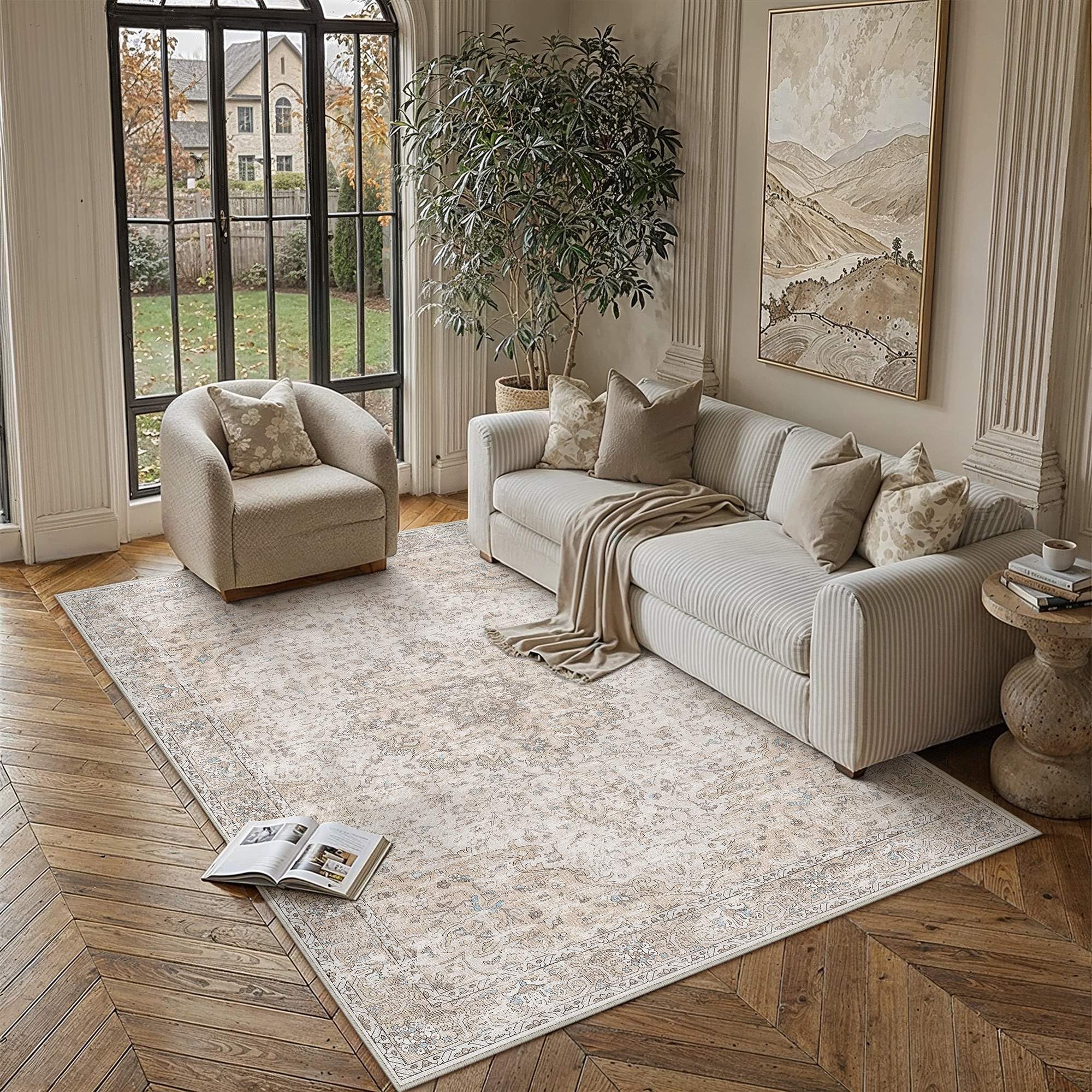 hugear area rugs 5x7 machine washable retro beige large living room bedroom rug low pile persia throw carpet non slip stain resistant for home aesthetic decor