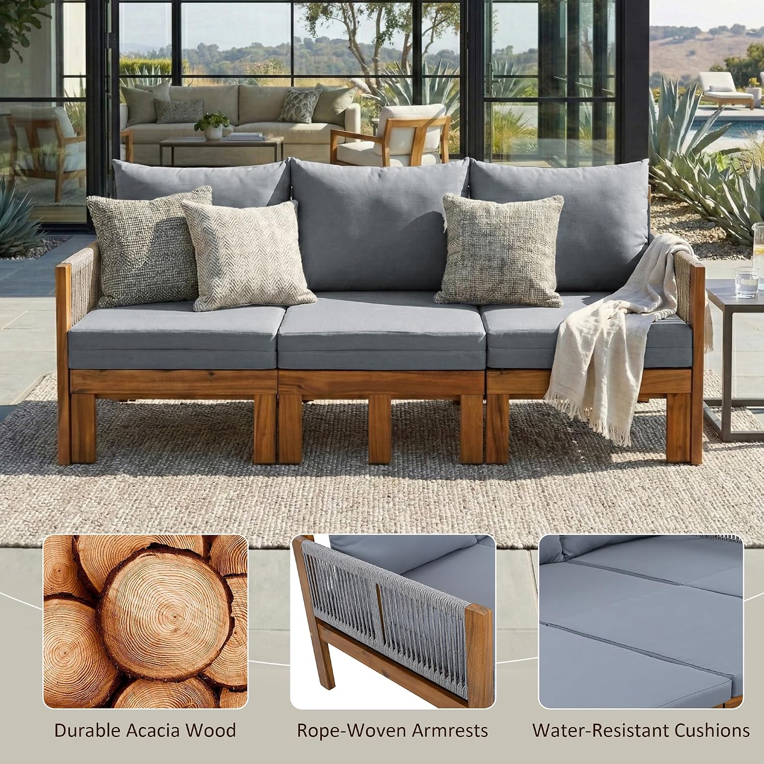 P PURLOVE Outdoor Daybed 3 Seat Patio Sleeper Sofa Outdoor Couch for Patio, Backyard and Pool (Grey)