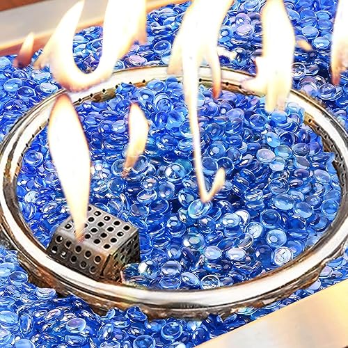 Miniatura 4 de GRISUN Vidrio para hoguera con brillo azul océano Pacífico de 12 pulgada, rocas de vidrio redondas de 10 libras para chimenea natural o propano,