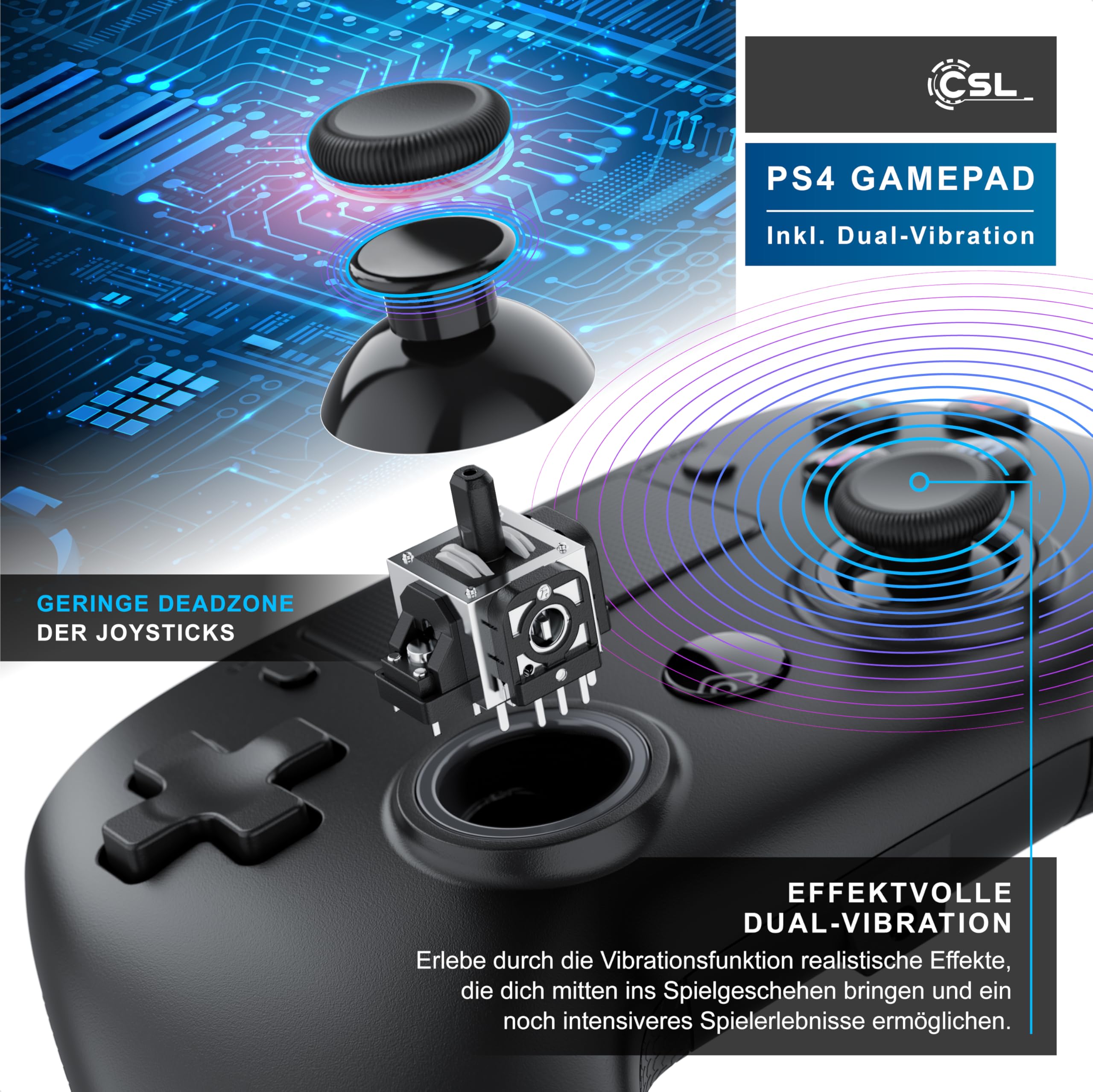 CSL - Wireless Gamepad für PC und PS4 - PC Anschluss - Wireless Controller - Dual Vibration - Headset Ausgang - Turbo Funktion - Touchpad - Share-Taste - M-Taste für freie Belegung