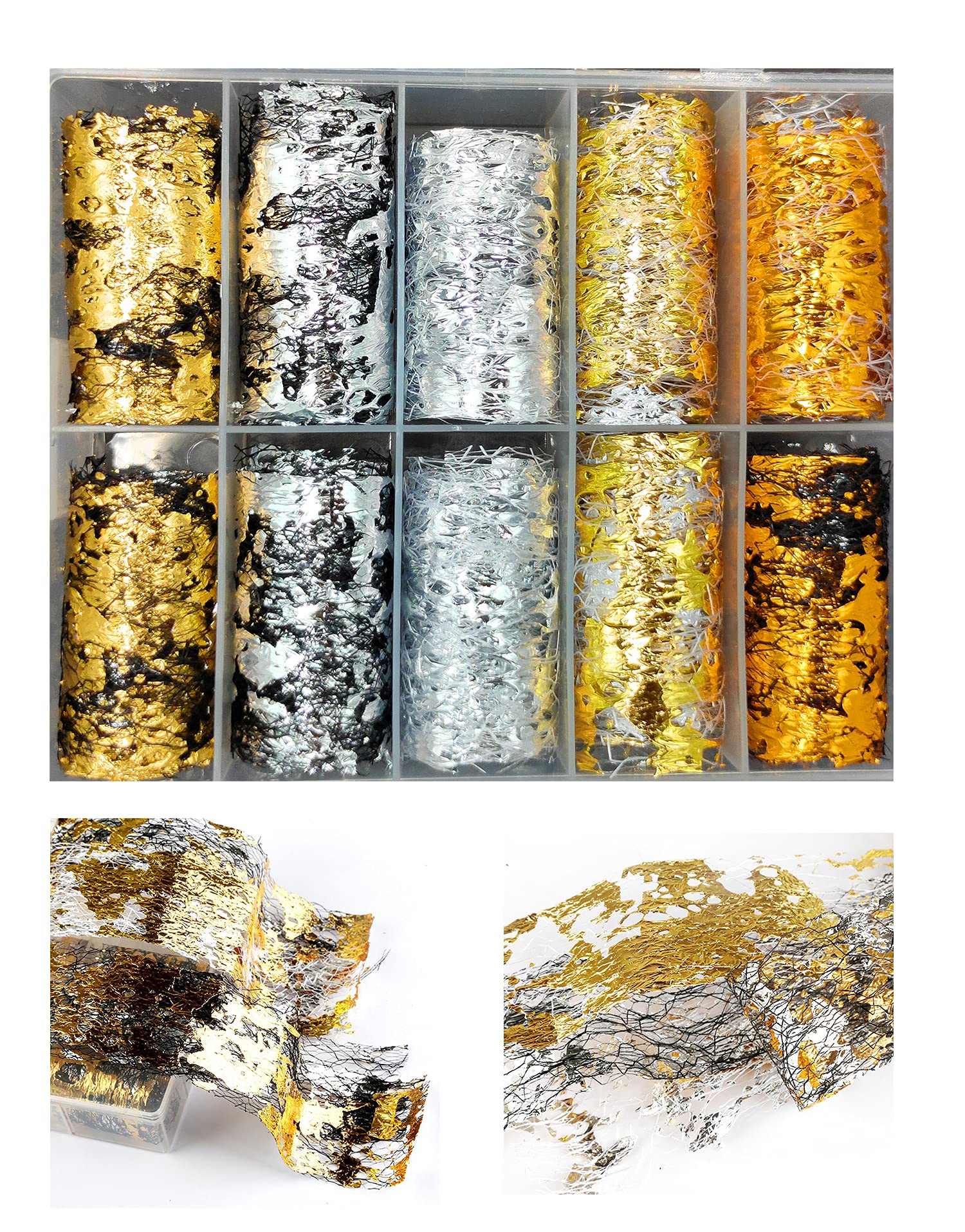 S.A.V.I 10 Rolls Nail Foil Transfer Sticker DIY Holographic Nail Decoration, 10 Designs Laser Nail Foil Wraps Decal for Fingernails Women, 4x100CM Each roll (#1- Gold Silver Black Wire Mesh)-image-30