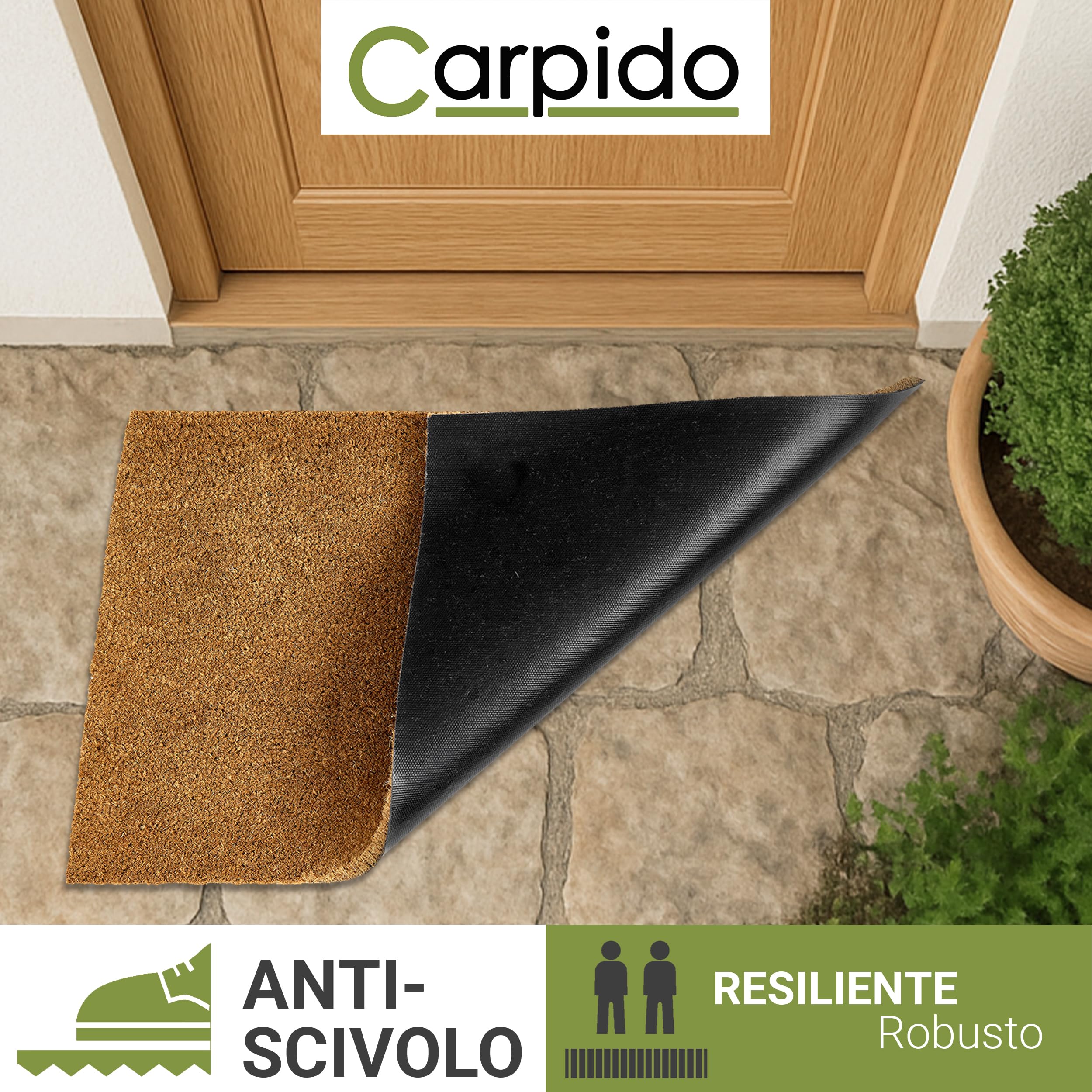 Carpido Zerbino in cocco antiscivolo - 40 x 60 cm naturale - Fibra naturale sostenibile per esterni coperti - 100% cocco - Tappetino per ingresso