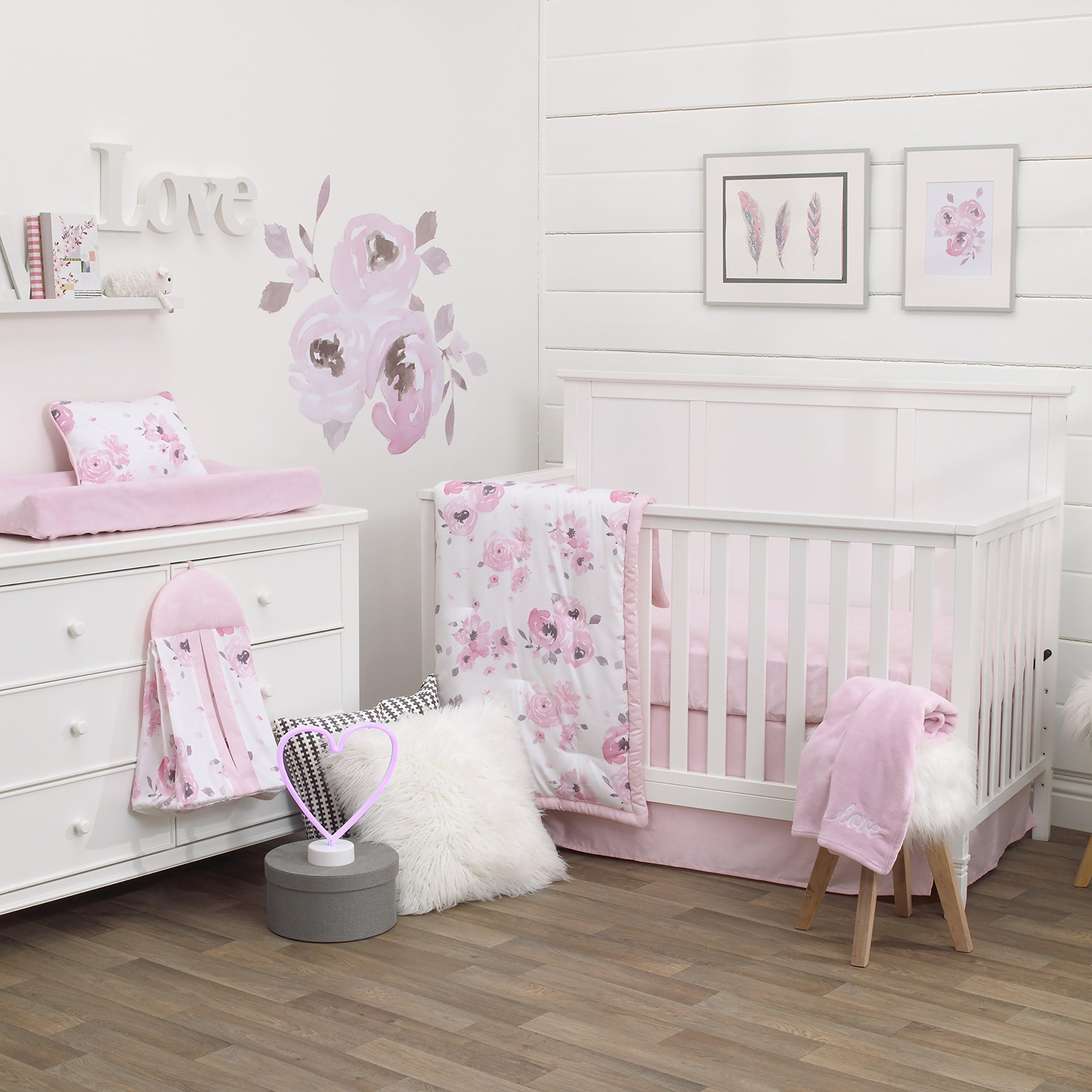 Dreamer Watercolor Floral 8 Piece Nursery Crib Bedding Set, Rose/Pink/White