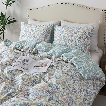 HoneiLife Cotton Queen Duvet Cover - Floral Comforter Cover 3-Piece, Botanical Bedlinen Sets with Zipper Closure & Corner Ties, Wildflower Bedlinen Sets for All Season Use