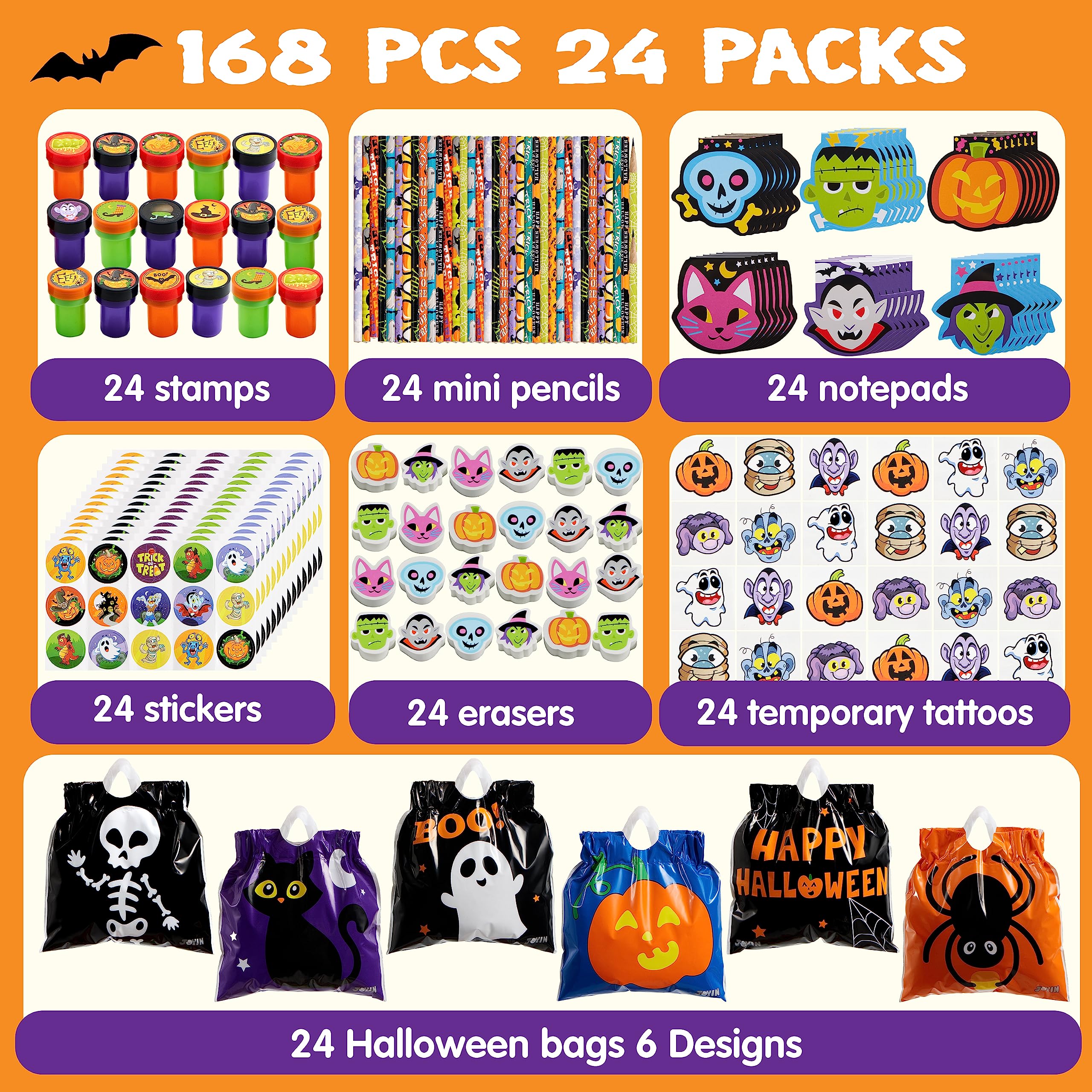 Joyfy 144 Pcs 24 Pack Halloween Stationery Set For Kids, Halloween Pencils Stickers Erasers Stamps In Trick Or Treat Bags, Halloween Gifts For...