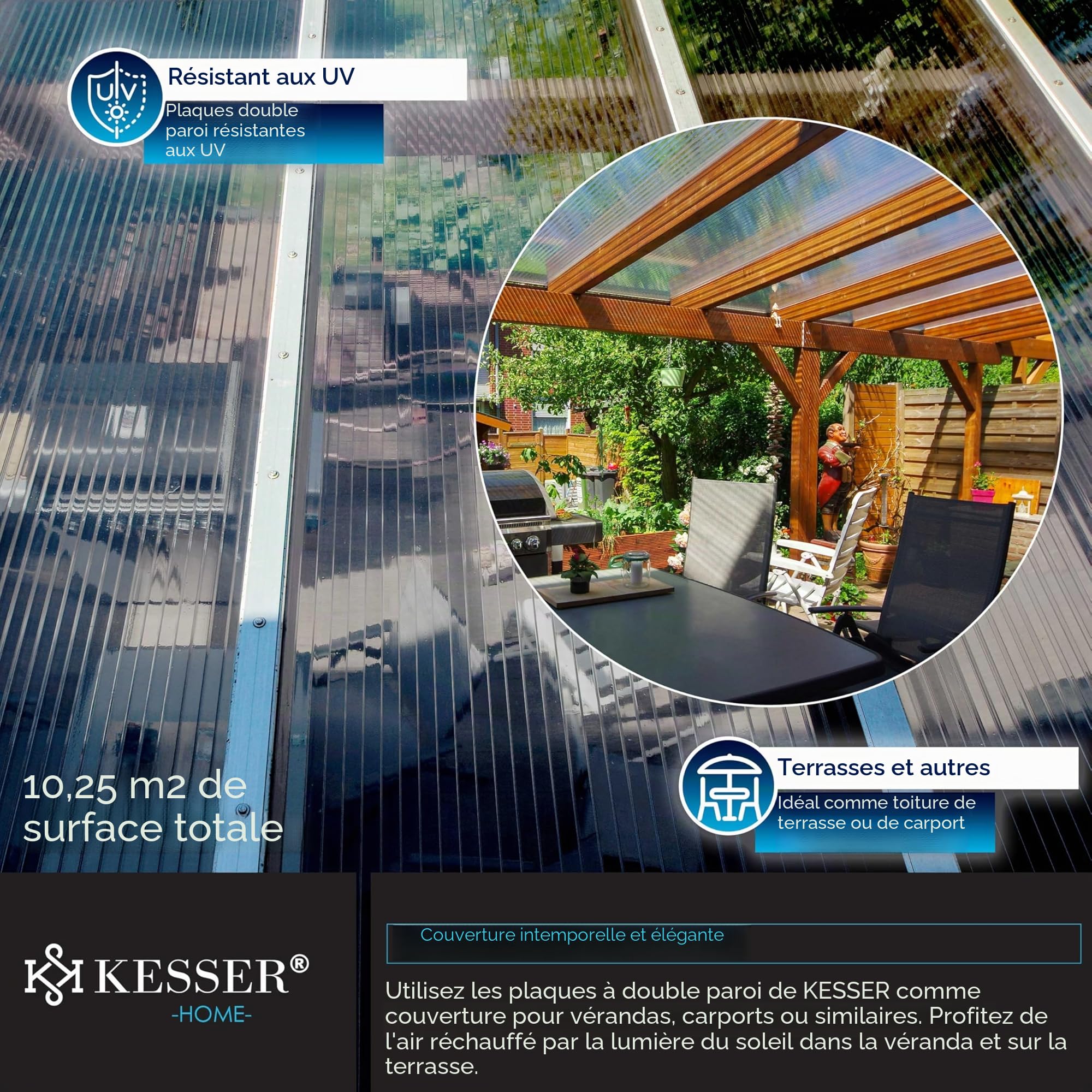 KESSER® 14 Plaques alvéolaires en Polycarbonate 4 mm | Panneau alvéolaire Double de 10,25 m², 121 x 60,5 cm
