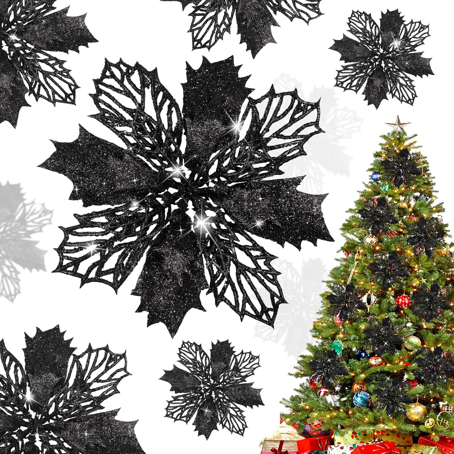 Shining She 10pcs Christmas Glitter Poinsettia Flowers Ornament, 5.9inch Artificial Christmas Flowers for Xmas Party Decoration, Xmas Tree Ornaments Decor, Black