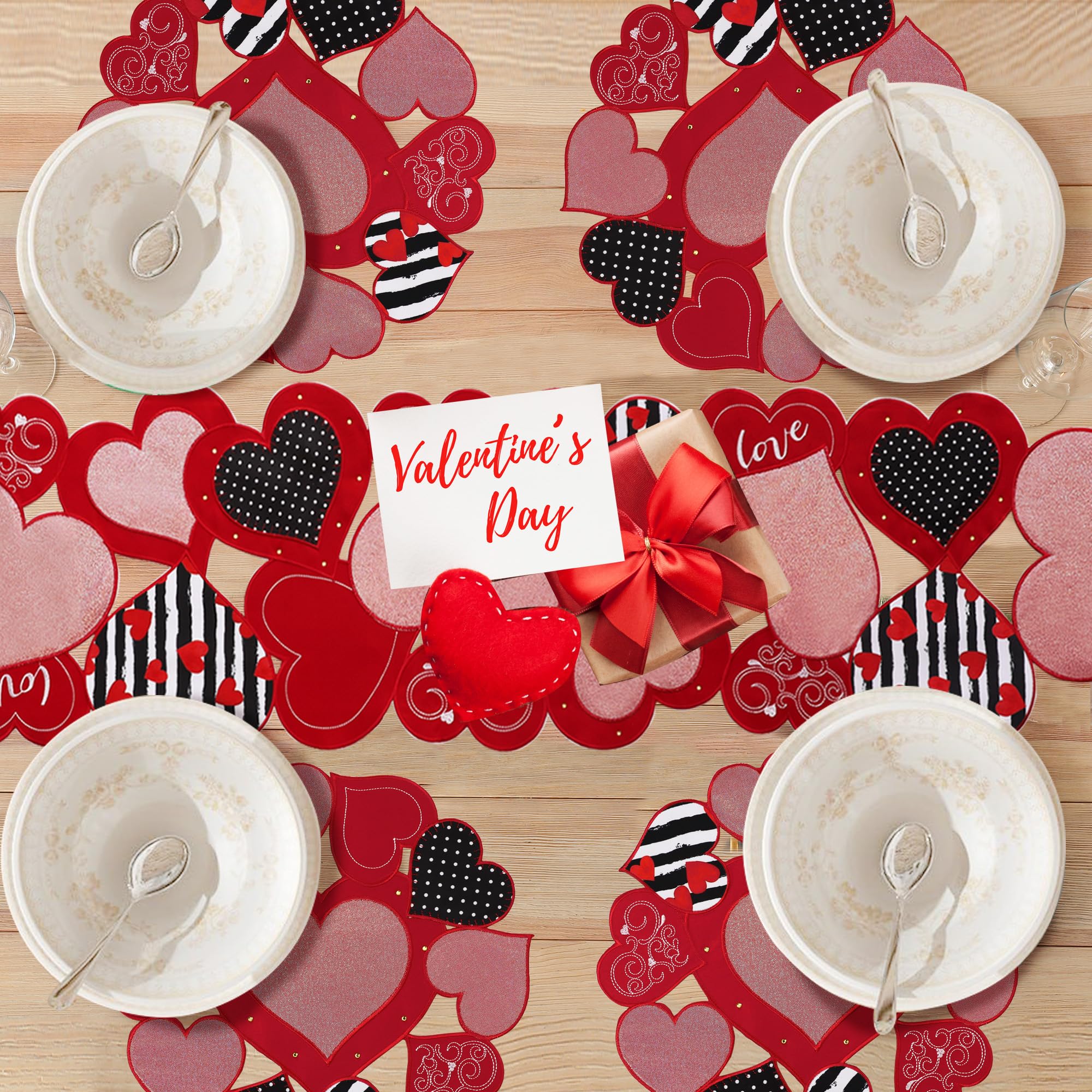 Valentine's Day Table Runner - Red Lace Heart Print, 13x72 Inches, For Dining & Coffee Tables