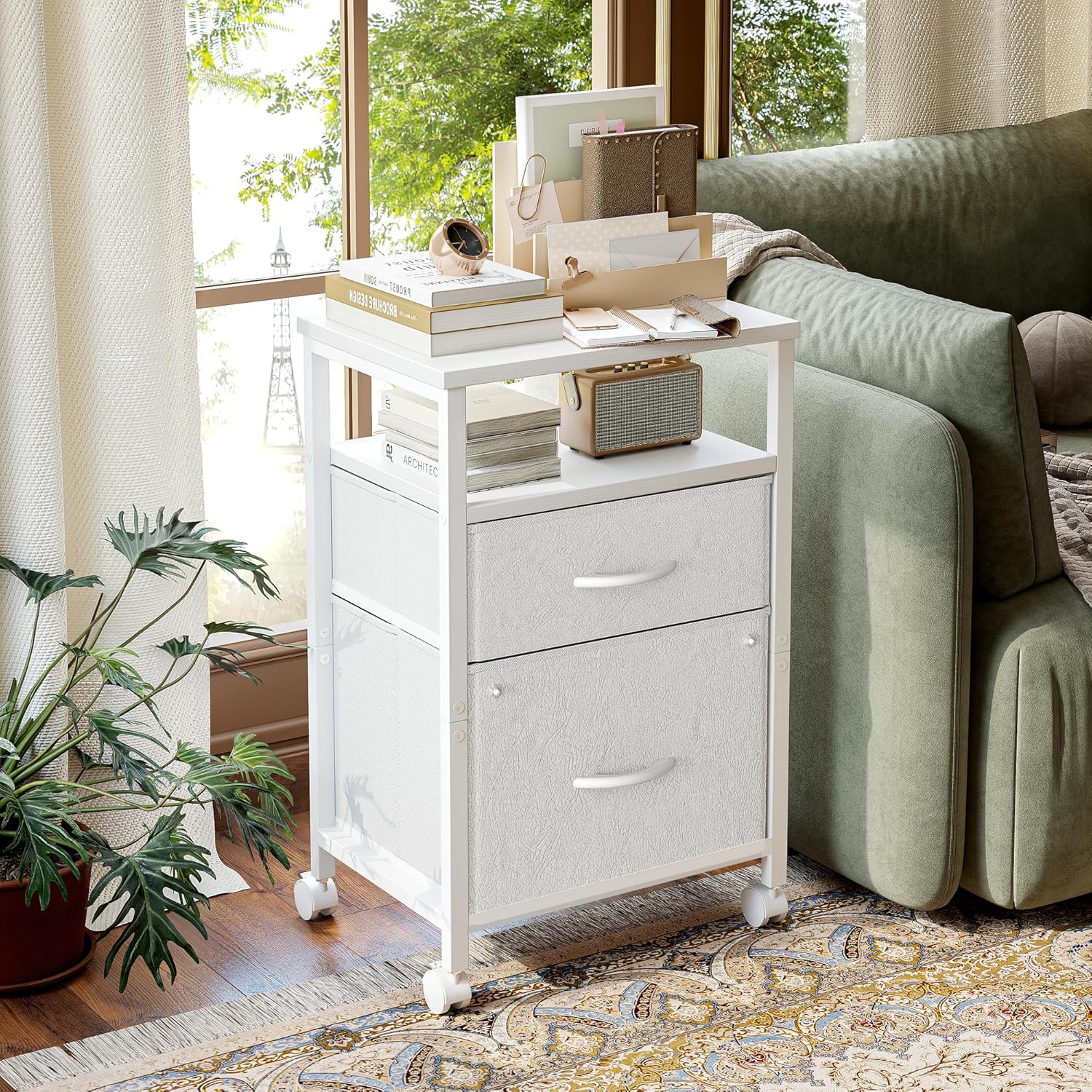 TIQLAB 2 Drawer Mobile File Cabinet, Rolling Printer Stand with Open Storage Shelf, Fabric Vertical Filing Cabinet fits A4 or Letter Size for Home Office, White