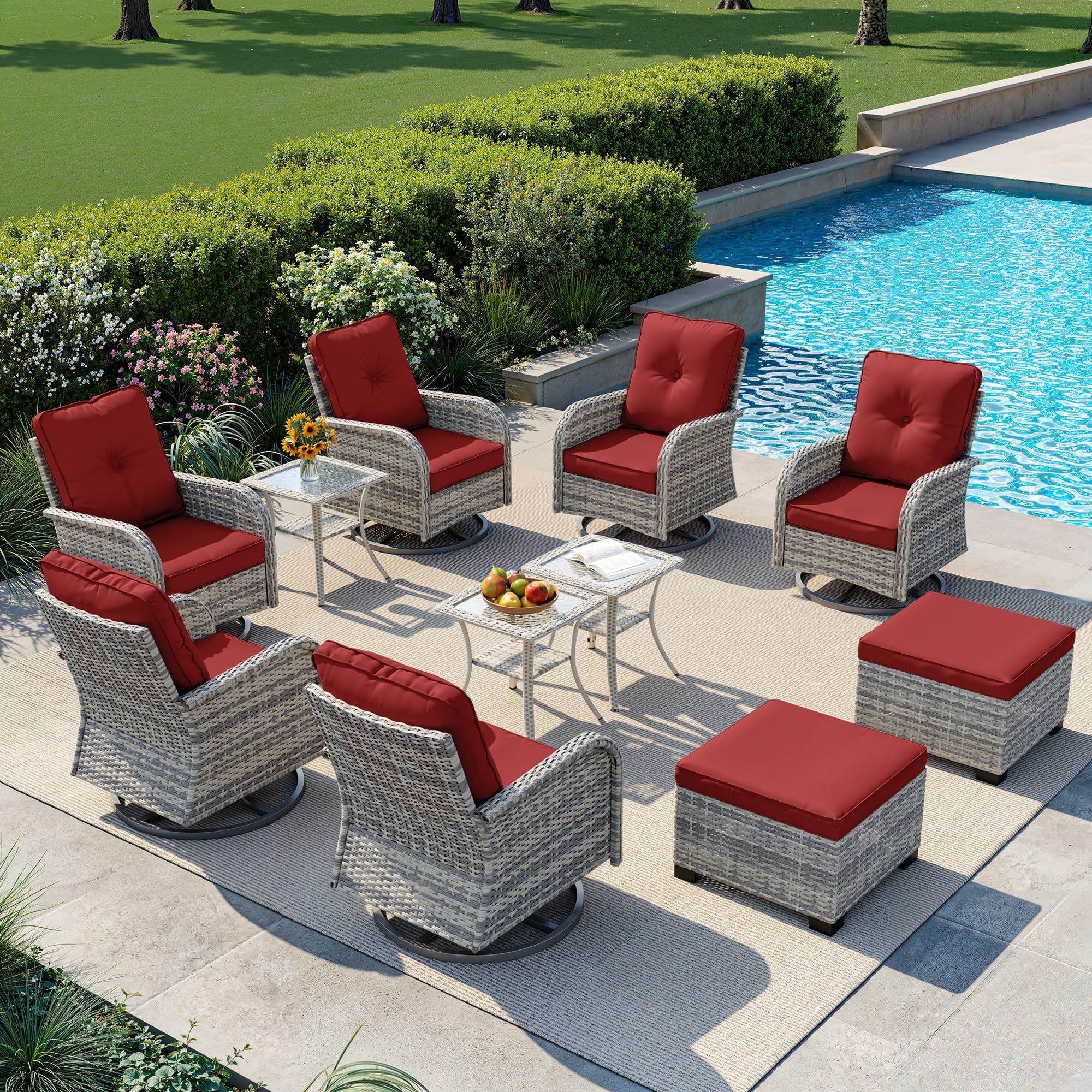 11-Piece Small Patio Furniture Set, Outdoor Swivel Rocking Chairs Set with Ottomans, Patio Bistro Set for Balcony, Deck, Porch, Red