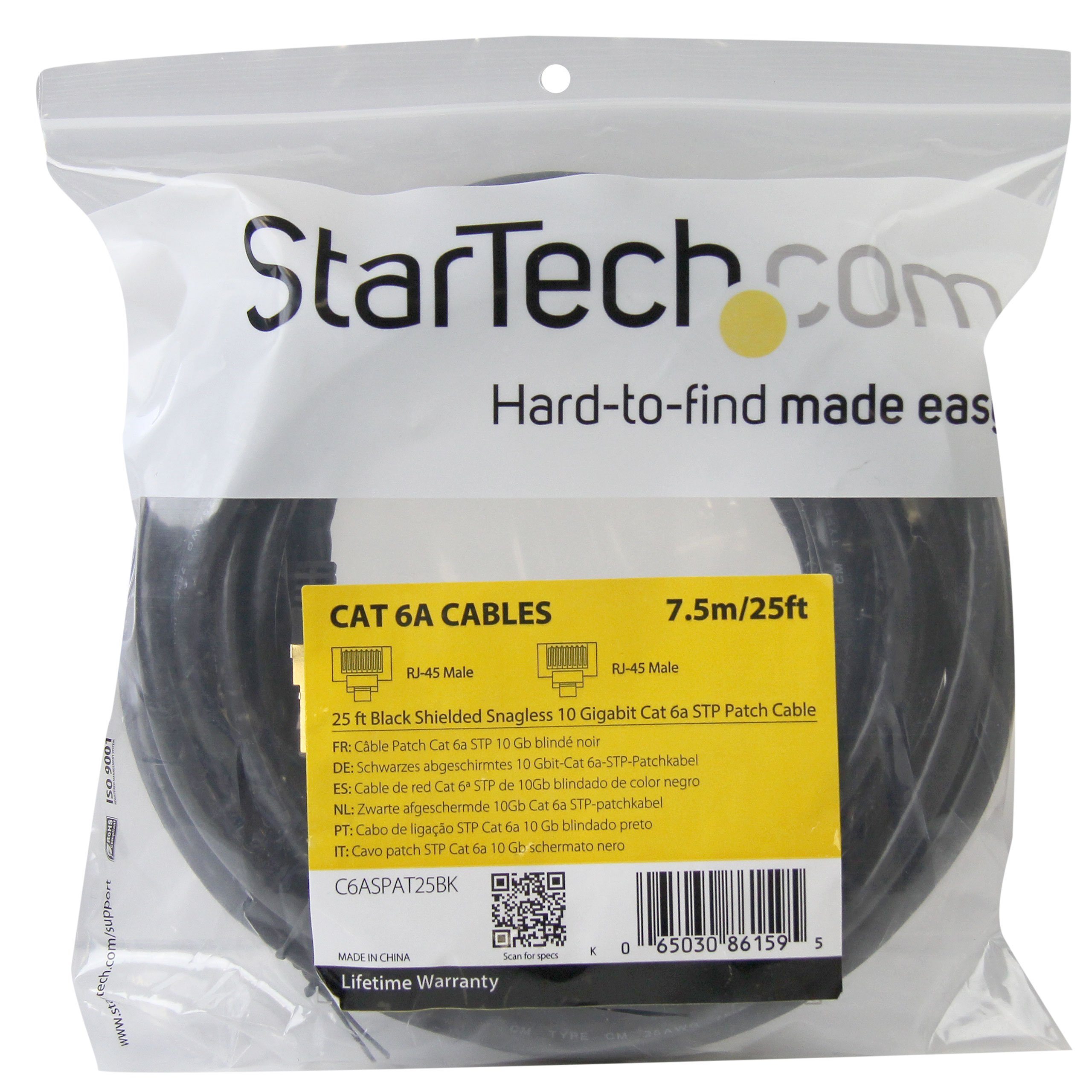 StarTech.com Câble Ethernet CAT6a de 7,6 m – Cordon de raccordement RJ45 100 W RJ45 100 W – Câble réseau STP 10 GbE avec soulagement de tension – Noir Fluke Testé/Câblage certifié UL/TIA (C6ASPAT25BK)