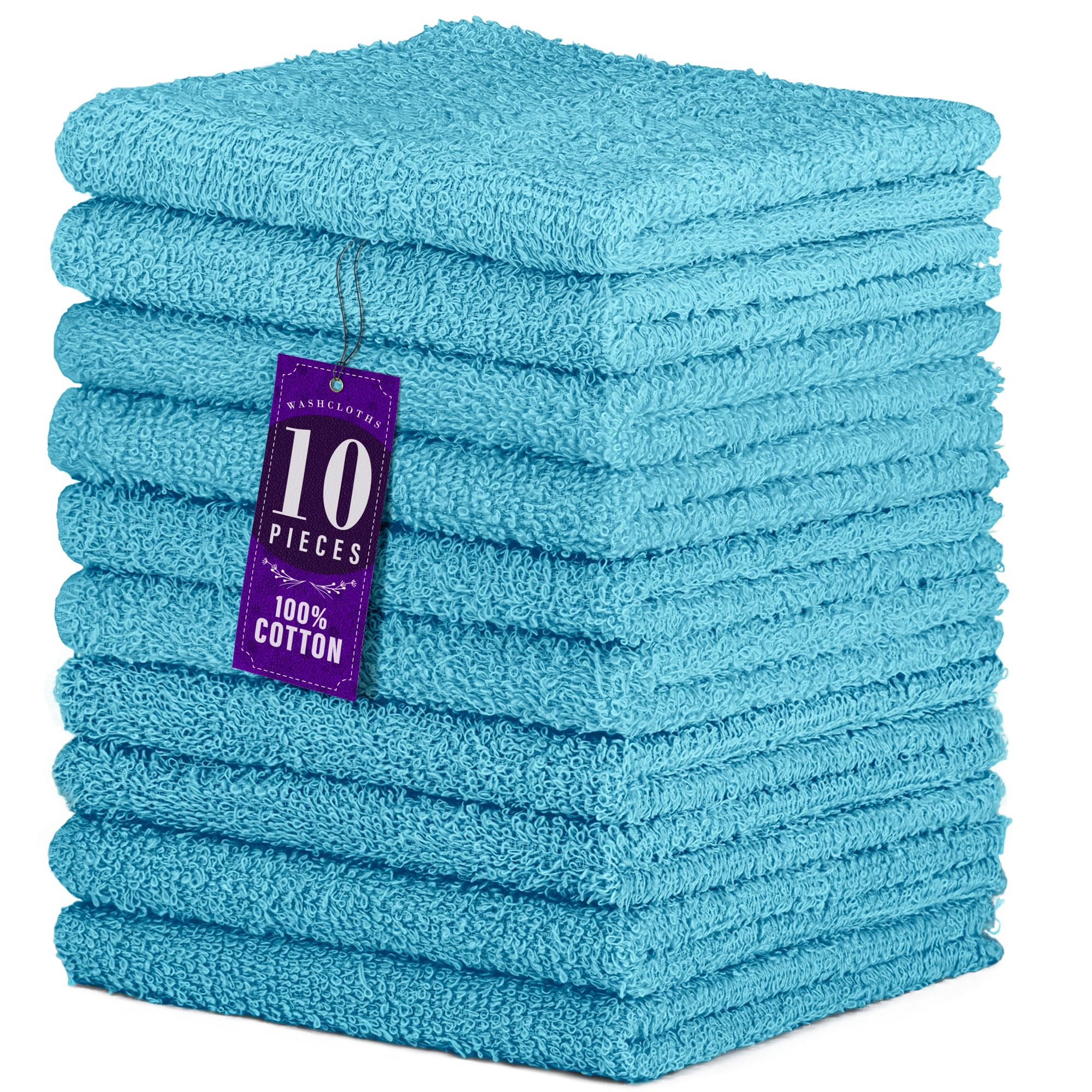 DecorRack 10 Pack 100% Cotton Wash Cloth, Soft 12 x 12 inch, Quick-Drying Towels, Vibrant Colors, Perfect for Gentle Cleaning, Turquoise (10 Pack)
