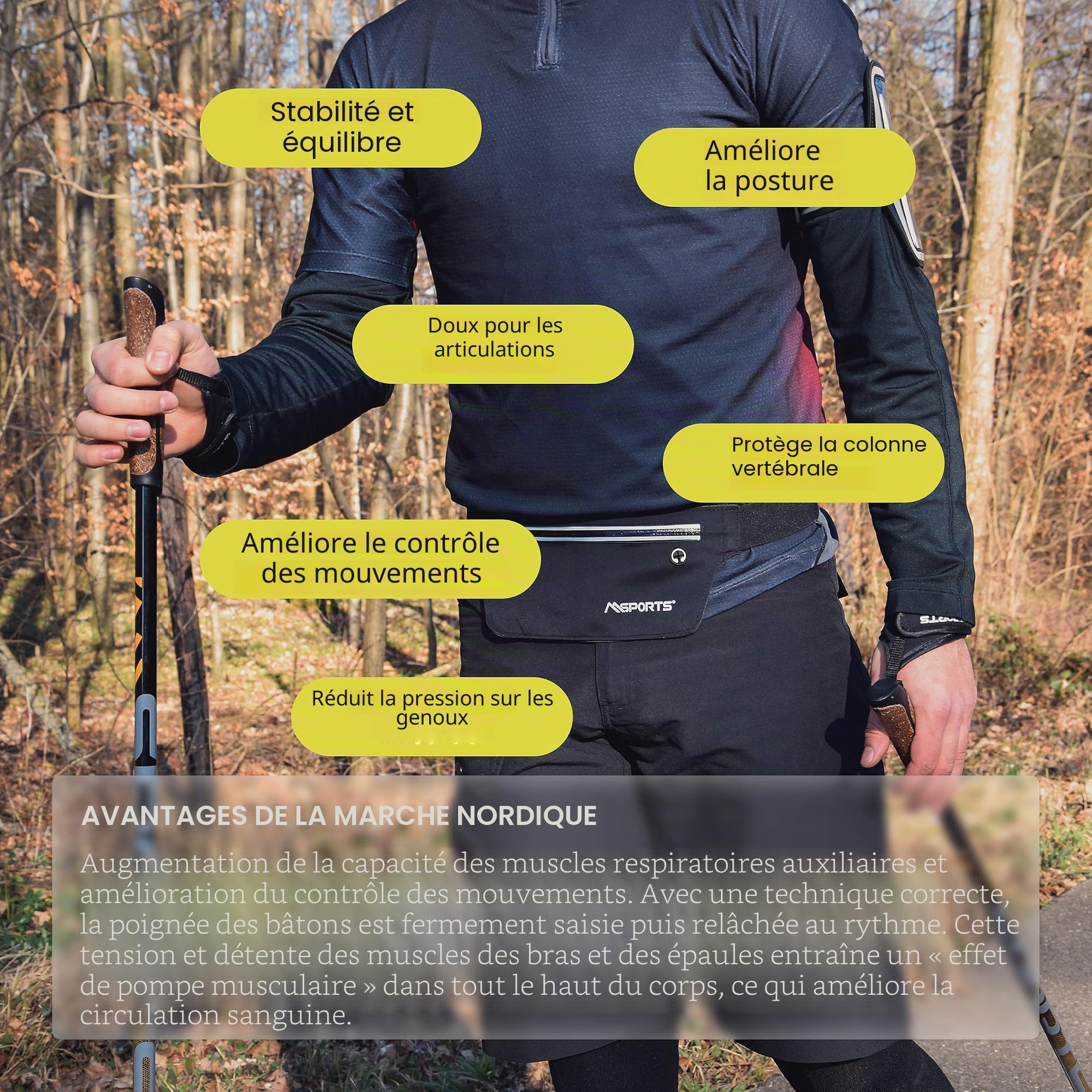 Msports Bâtons de marche nordique en carbone de haute qualité – très légers– Réglables individuellement
