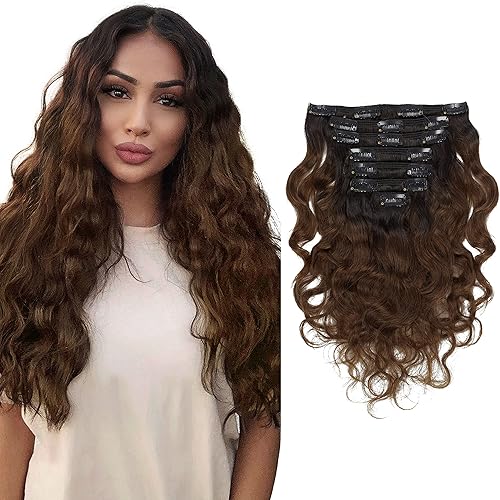 Anrosa Double Weft Human Hair Natural Wave #1B Natural Black Color Fading to #4 Dark Brown Color Clip in 22 Inch Hair Extension Wavy Curly for Women Two Tone Color with 7 Pieces Per Pack