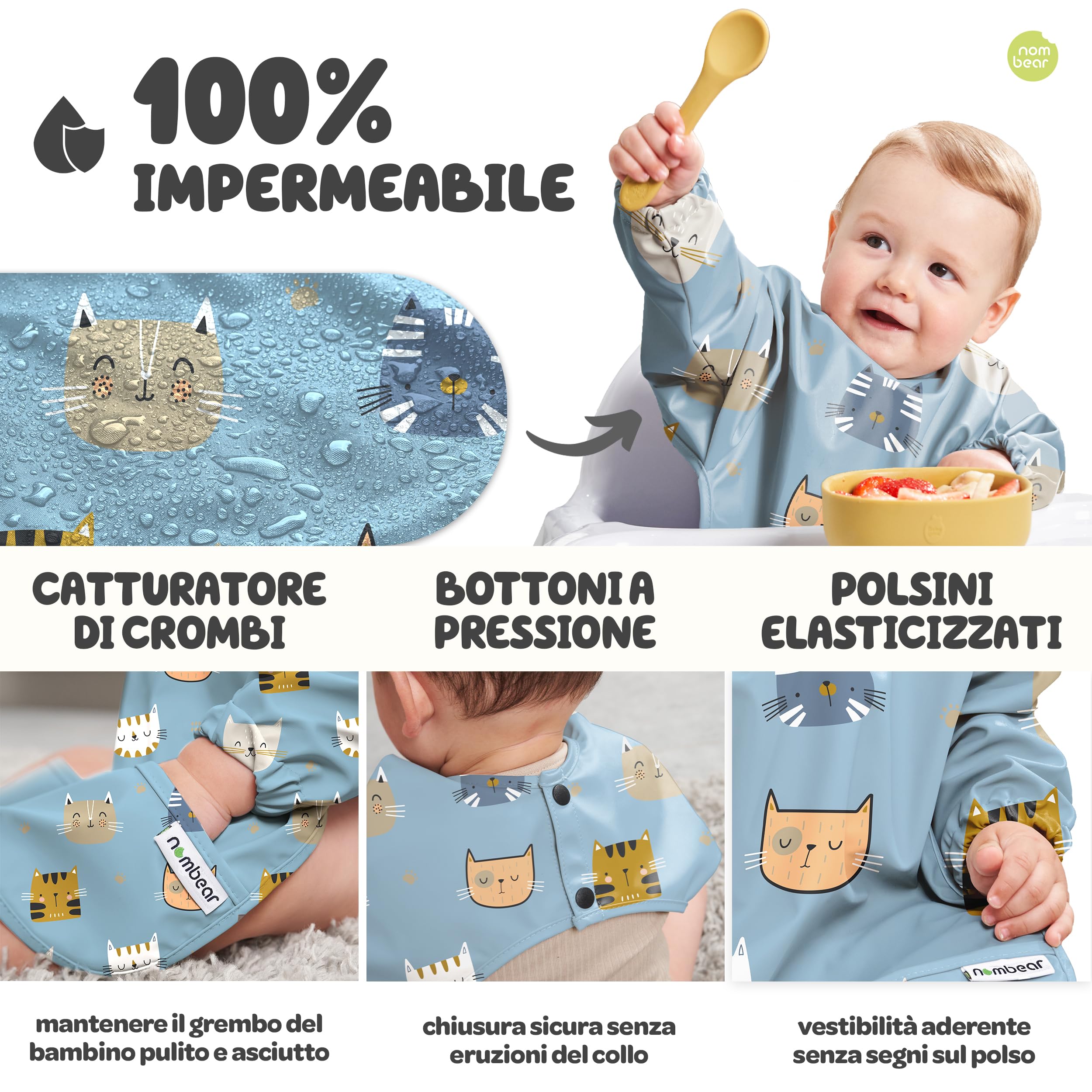 Nombear ® Bavaglini Impermeabili con Maniche 6 Mesi o Più - Bavaglini Pappa Svezzamento, Bavaglino con Maniche Lunghe, Bavaglini Impermeabili con Tasca, Bavaglio con Maniche per Bimbo