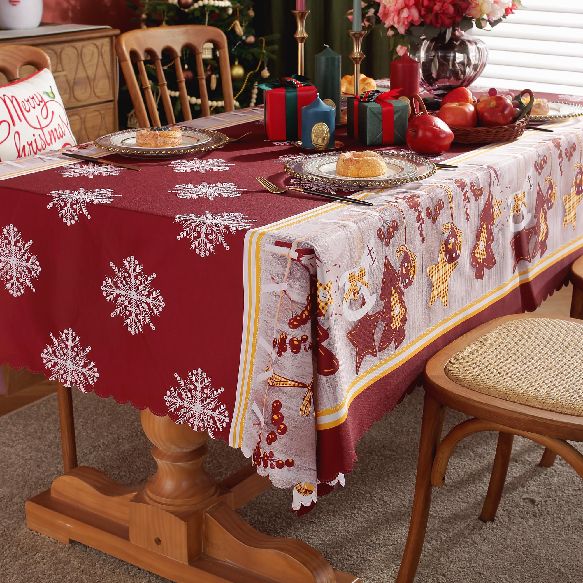 OWill OWill Christmas Table Cloth,150 x 200 cm Decorative Rectangular Xmas Tablecloth, Wipe Clean Christmas Snowflakes Table Cover for Christmas Party, Winter Holiday Home Decorations