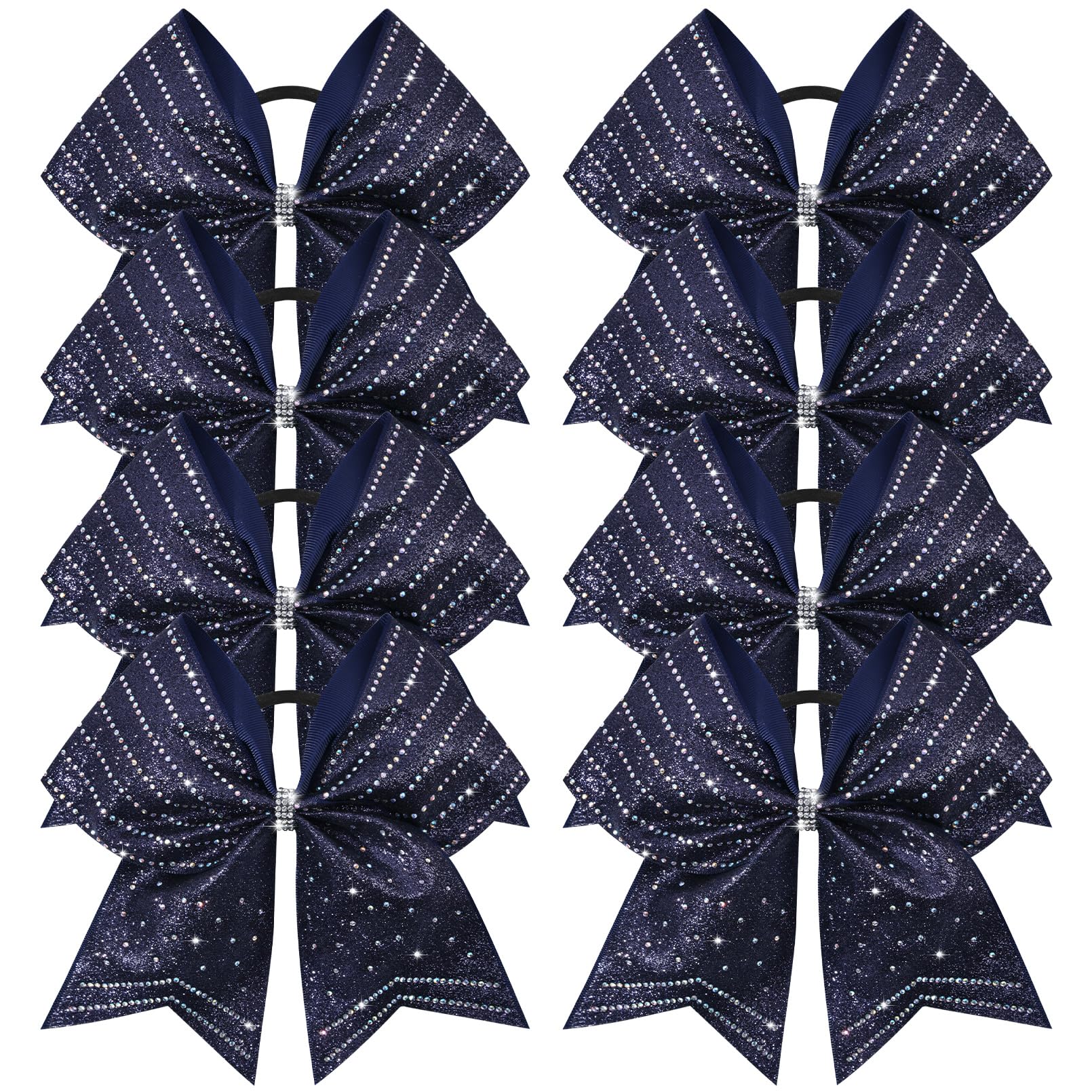 DEEKA 8PCS Navy Blue Stripes Glitter Cheer Bows with Iridescent Rhinestones Large 8" Competition Cheer Hair Bows Elastic Band Ponytail Holder for