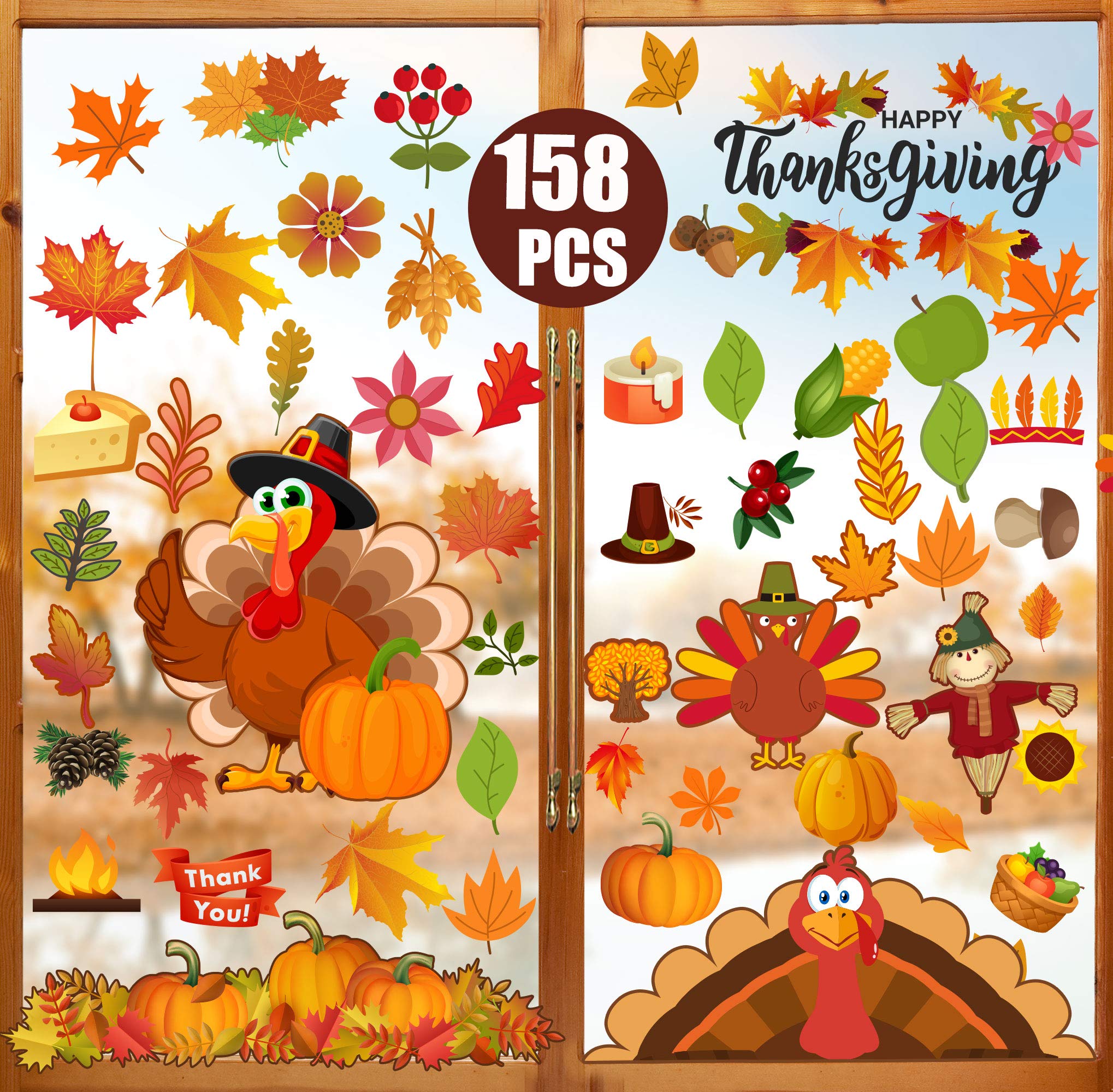 Funnlot 158PCS Thanksgiving Window Clings, Fall Window Clings Fall Window Decor for Offices Autumn Leaves Turkey Window Clings Home School Office Thanksgiving Party Decorations Supplies