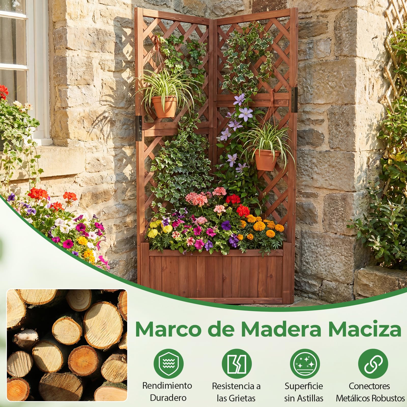 GOPLUS Jardineras con Enrejado Angular de Madera, Cama Elevada de Jardín, Orificios de Drenaje, para Flores Verduras Plantas Trepadoras, Macetero Exterior para Patio Jardín, 55 x 55 x 140 cm (Marrón)