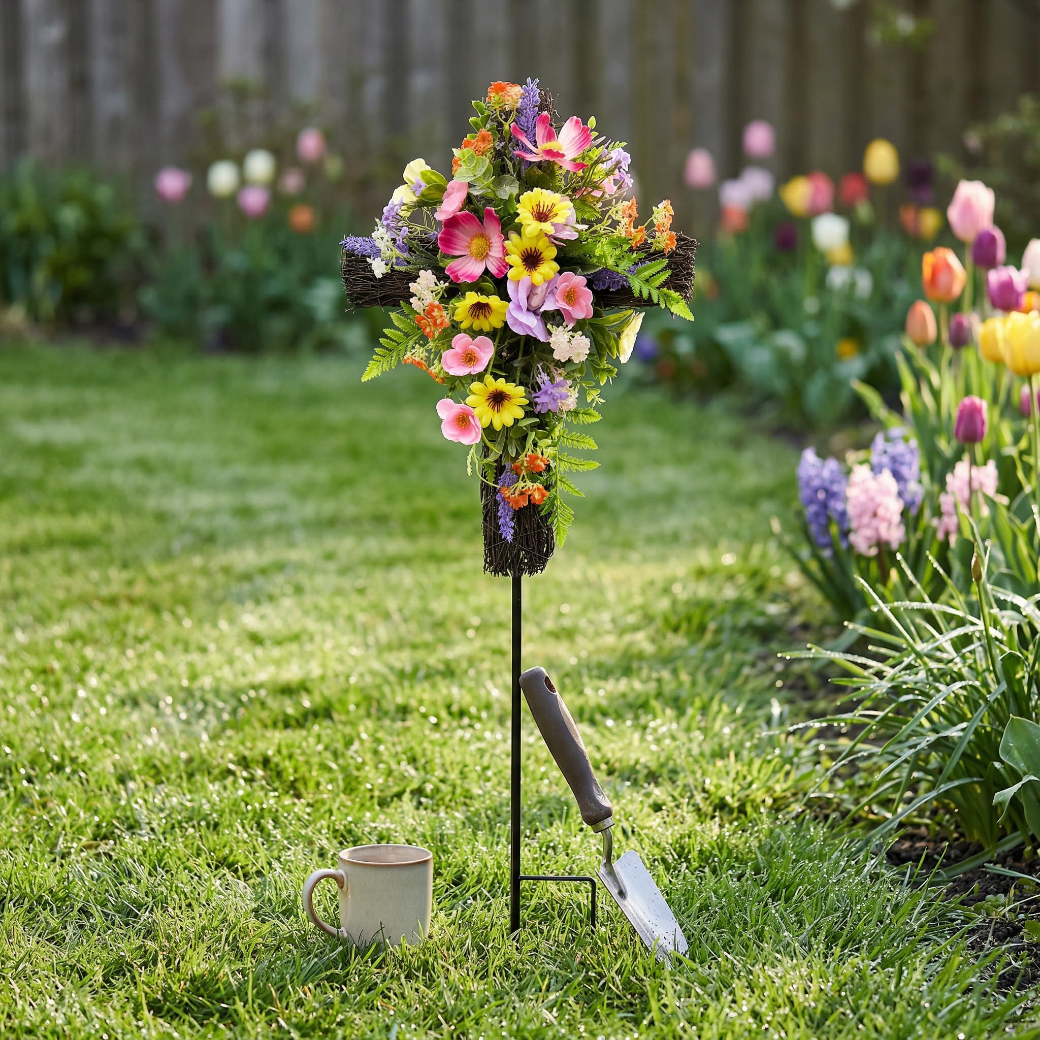 Svndlyn Décoration de cimetière solaire en forme de croix pour tombe, fleurs commémoratives artificielles éclairées avec piquet, hommage floral résistant aux intempéries pour tombe, cadeau de