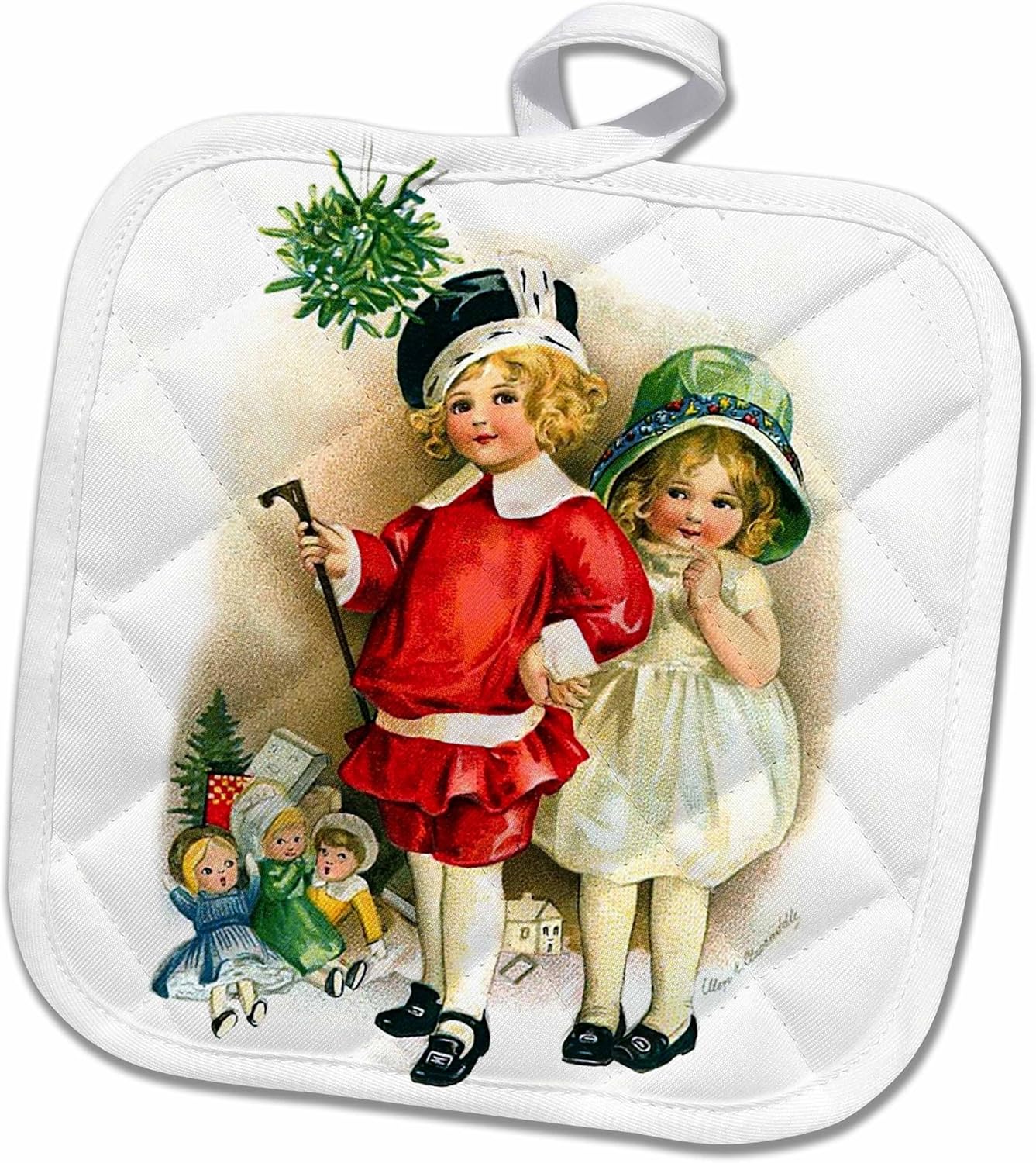 3D Rose Clapsaddle – Boy and Girl with Toys Pot Holder, 8 x 8