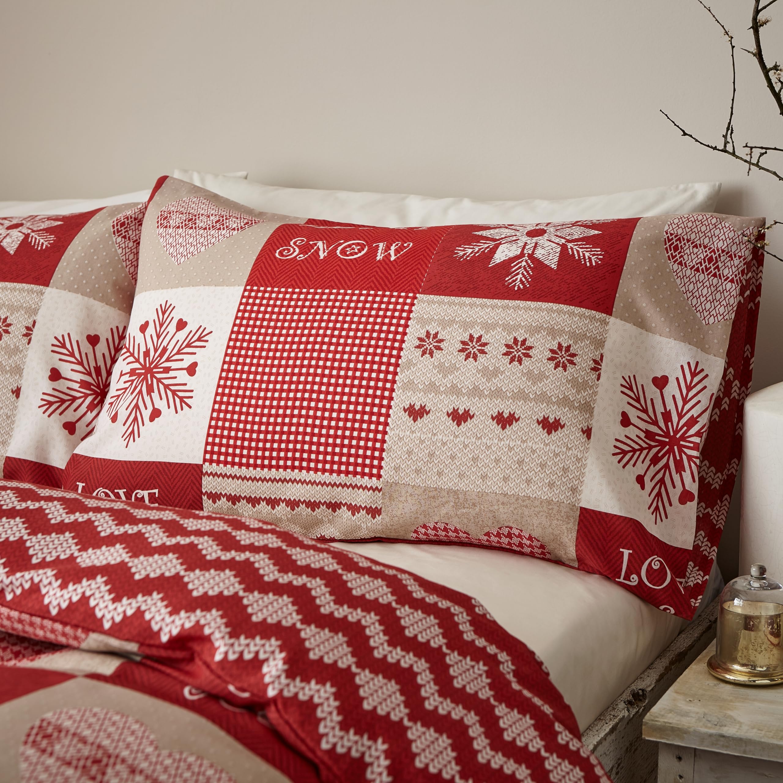 Levtex Home Set Copripiumino King Size Let It Snow - Trapunta E 2 Federe, Tema Natalizio Con Renne E Fiocchi Di Neve, Rosso Turchese Verde - 5