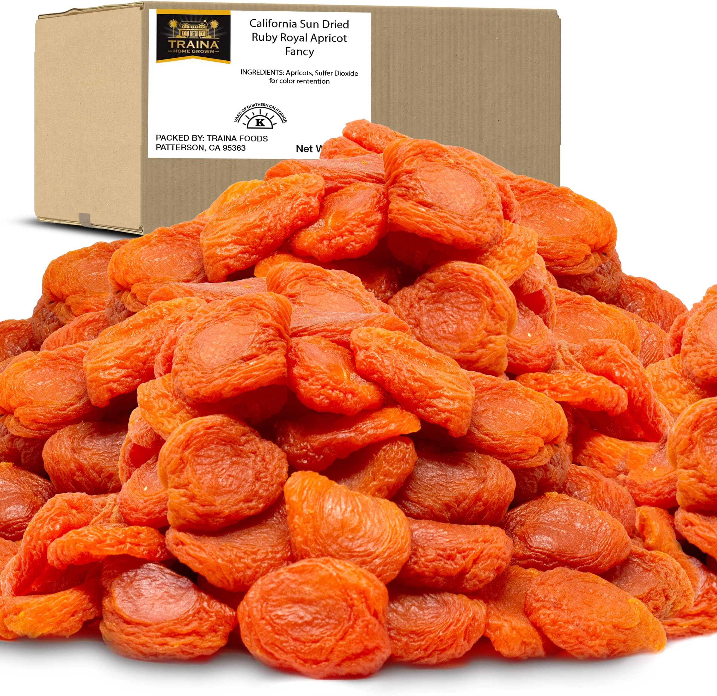 Traina Home Grown California Sun Dried Ruby Royal Apricot Halves - SEASONAL/LIMITED - Healthy, No Sugar Added, Non GMO, Gluten Free, Kosher Certified, Vegan, Value Size (5 lbs)