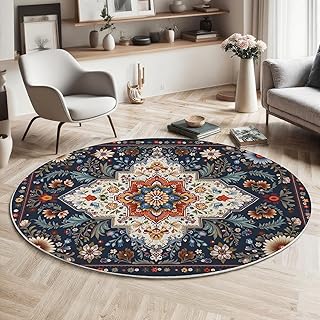 Persischer Teppichstil Maschinenwaschbarer Runder Teppich–Weich Pflegeleicht mit Aufwendige Geometrische Blumenmuster Print-Muster, Anti-Rutsch Teppich für Wohnzimmer und Küche,200cm,Blau