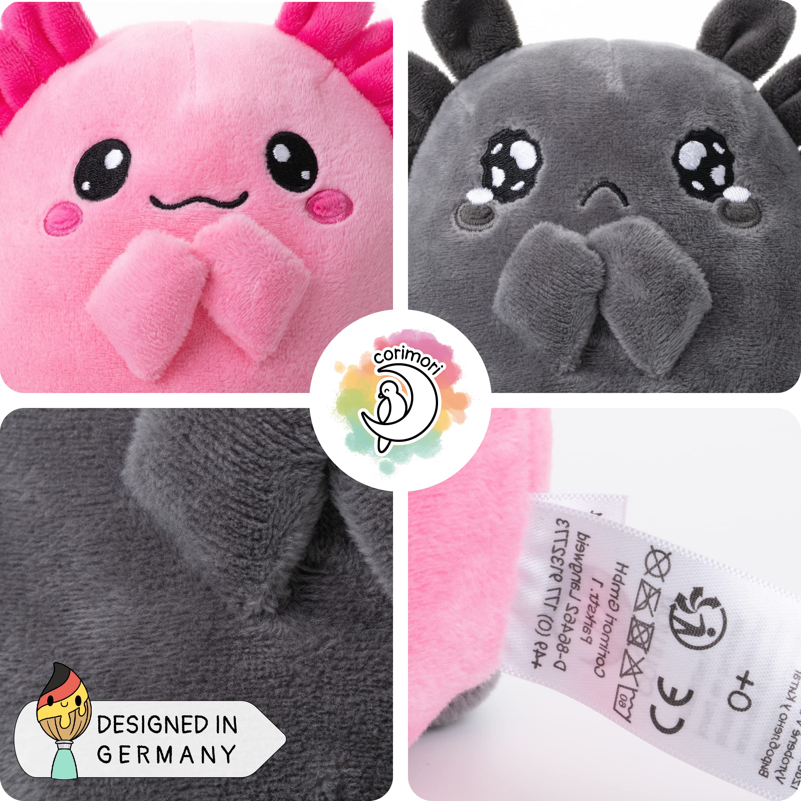 Corimori Doudou Réversible Axolotl Spotl & Pebbles – Peluche 16 Cm, Rose/Gris, Mignon Ou Triste – Baromètre D'Humeur, Lavable