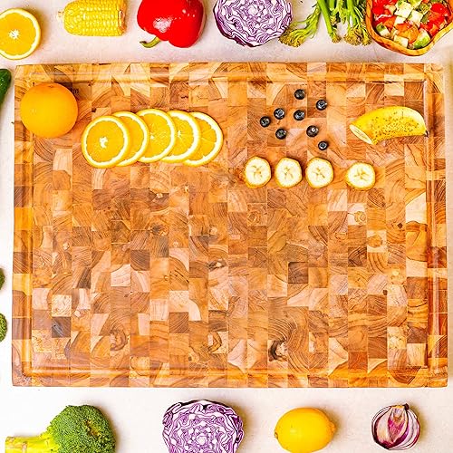 Rainforest Bowls Tabla de cortar rectangular de grano de madera de teca javanesa de 16 x 12 pulgadas con ranura de jugo ultra duradera resistente