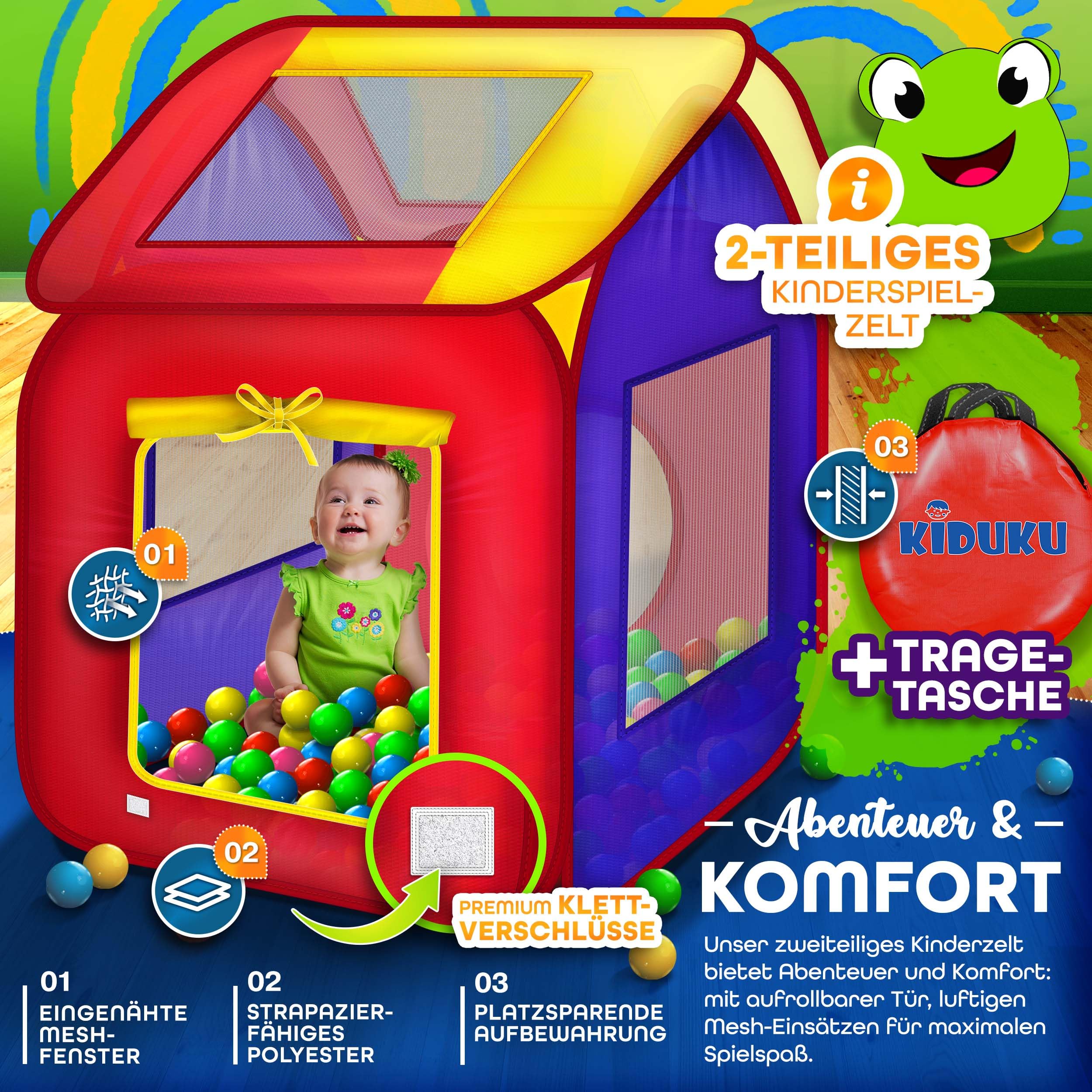 KIDUKU® Kinderspielzelt Bällebad Pop Up Spielzelt + 200 Bälle + Tasche für drinnen und draußen