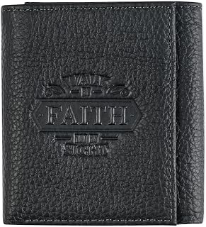 Christian Art Gifts Men's Real Leather RFID Blocking Wallet, Triple Fold Design, Multiple Credit Card Slots, ID Card Holder, Black/Walk By Faith, Taille Unique, 3 pieces