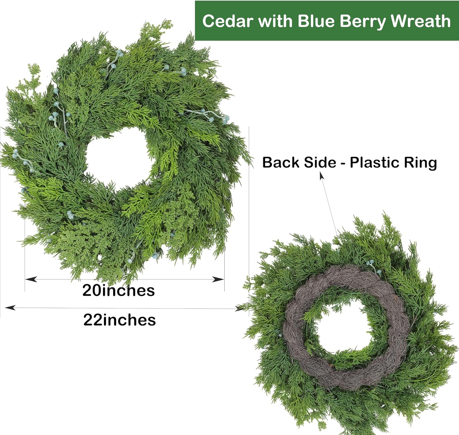22" Cedar Wreath with Blue Berry Christmas Wreath for Front Door for Windows Mantle Porches Walls Indoor Outdoor Xmas Christmas Decorations Home Decor - Image 2