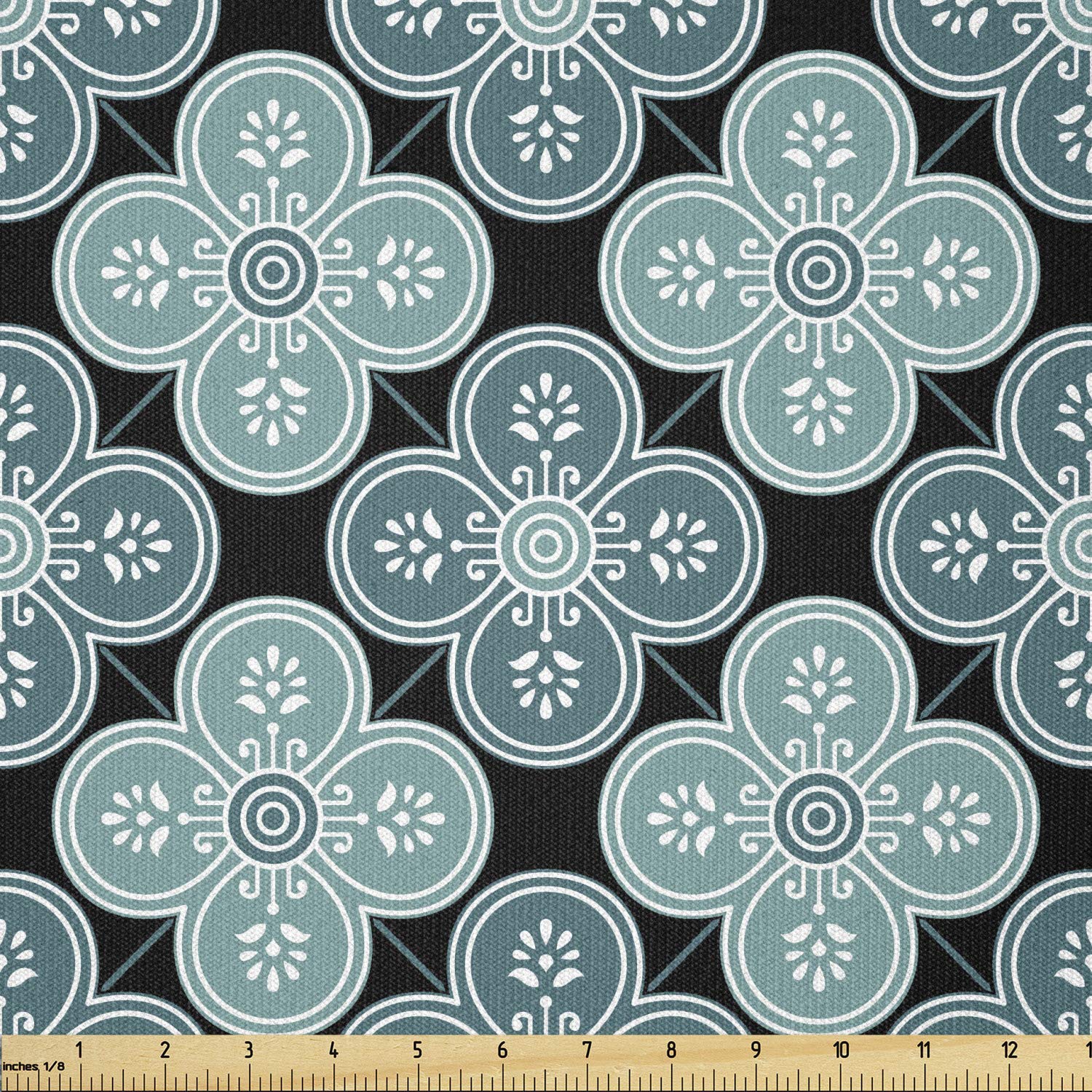 Ambesonne Moroccan Fabric by The Yard, Floral Inspire Mediterranean Oriental Damask Print, Stretch Knit Fabric for Clothing Sewing and Arts Crafts, 3 Yards, Teal Petrol Blue