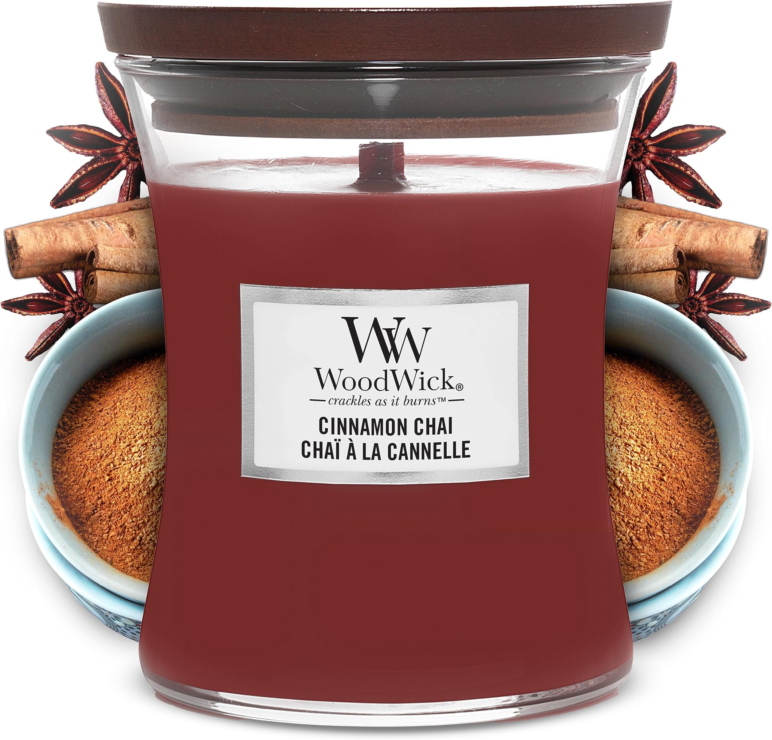 Woodwick Medium Hourglass Scented Candle, Cinnamon Chai with Crackling Wick, Burn Time: Up to 60 Hours