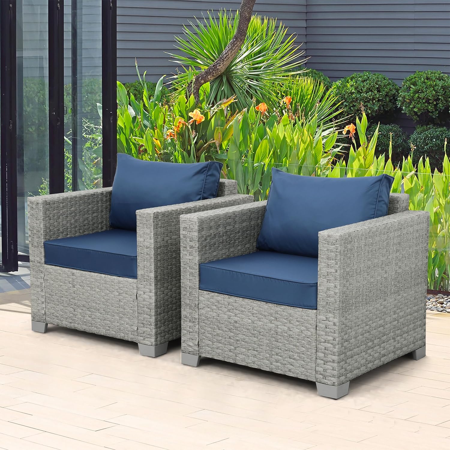 WAROOM Patio Chairs Set of 2 Wicker Outdoor Sofa, Porch Single Chair Grey Rattan Deep Seating Armchair Balcony Furniture, Navy Blue Cushion