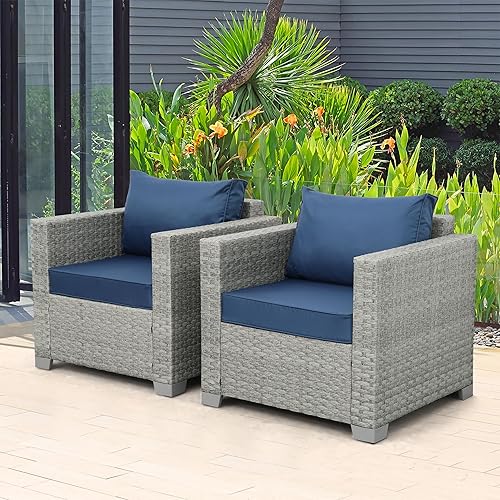 Miniatura 3 de WAROOM Juego de 2 sillas de mimbre para patio, sofá al aire libre, silla individual de ratán gris, sillón de asiento profundo, muebles de balcón con