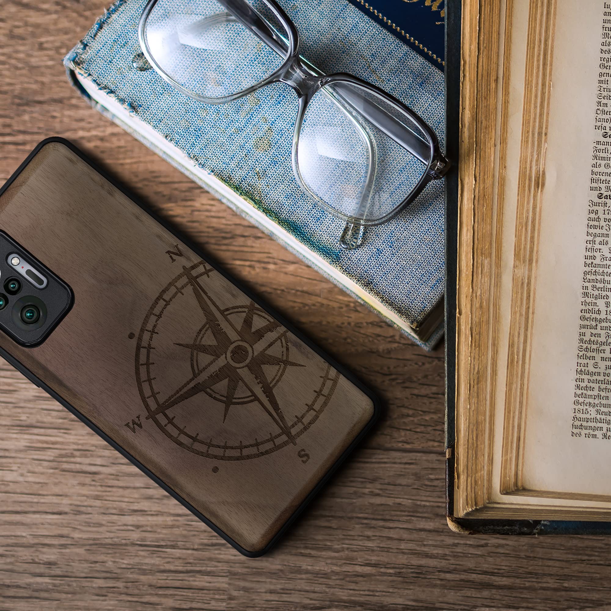 Kwmobile Cover In Legno Per Xiaomi Redmi Note 10 Pro - Custodia Rigida Con Bumper In Silicone TPU, Effetto Bussola Vintage, Marrone Scuro